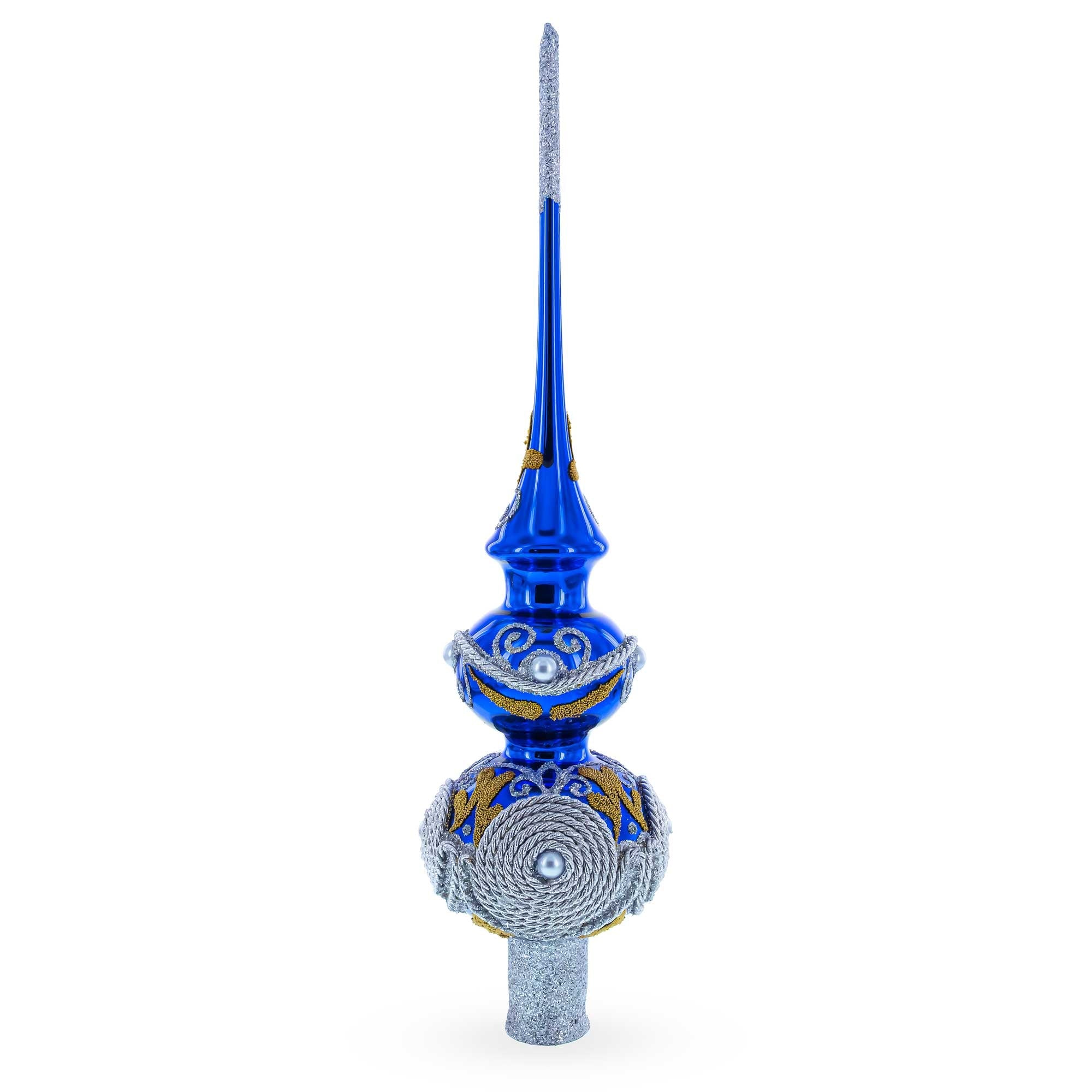 Pearls and Twisted Rope on Double Ball Blue Glass Christmas Tree Topper 12.5 Inches