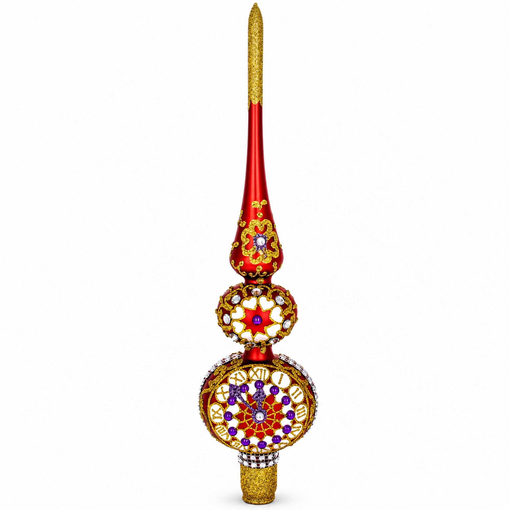 Embossed Clock on Glittered Double Ball Red Glass Christmas Tree Topper 12.5 Inches