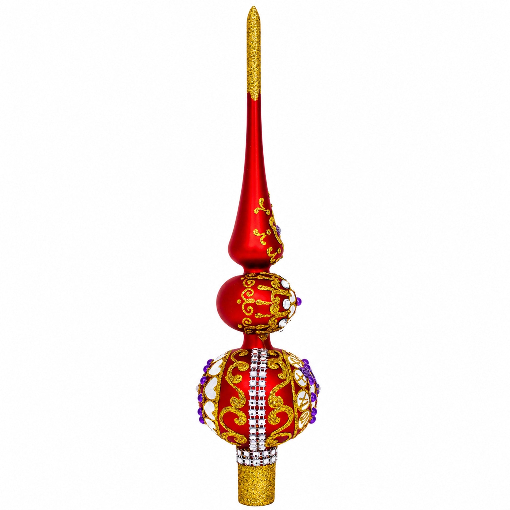 Embossed Clock on Glittered Double Ball Red Glass Christmas Tree Topper 12.5 Inches