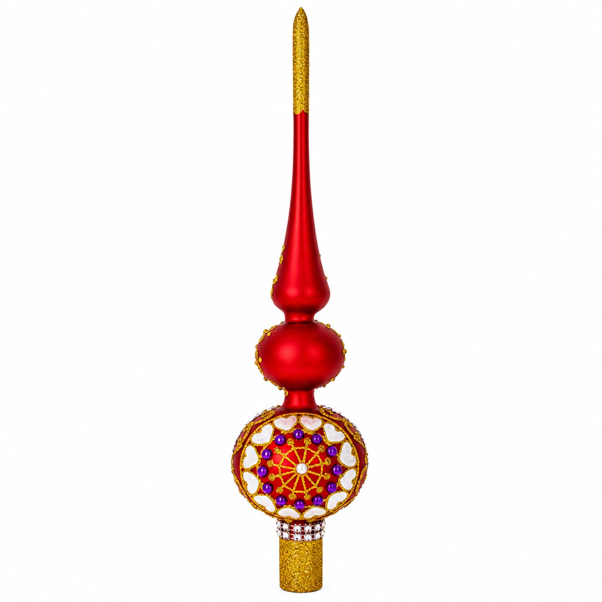 Embossed Clock on Glittered Double Ball Red Glass Christmas Tree Topper 12.5 Inches