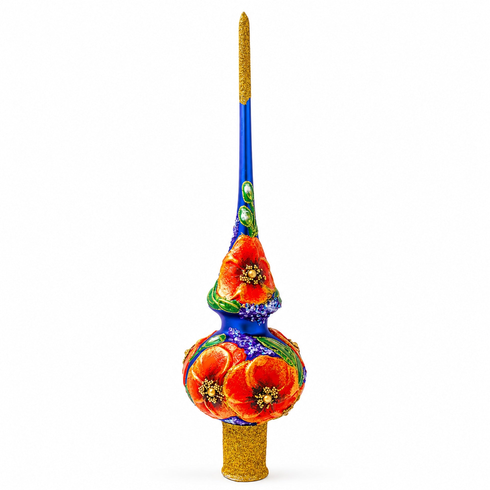 Poppy Flowers on Blue Glass Christmas Tree Topper 11 Inches