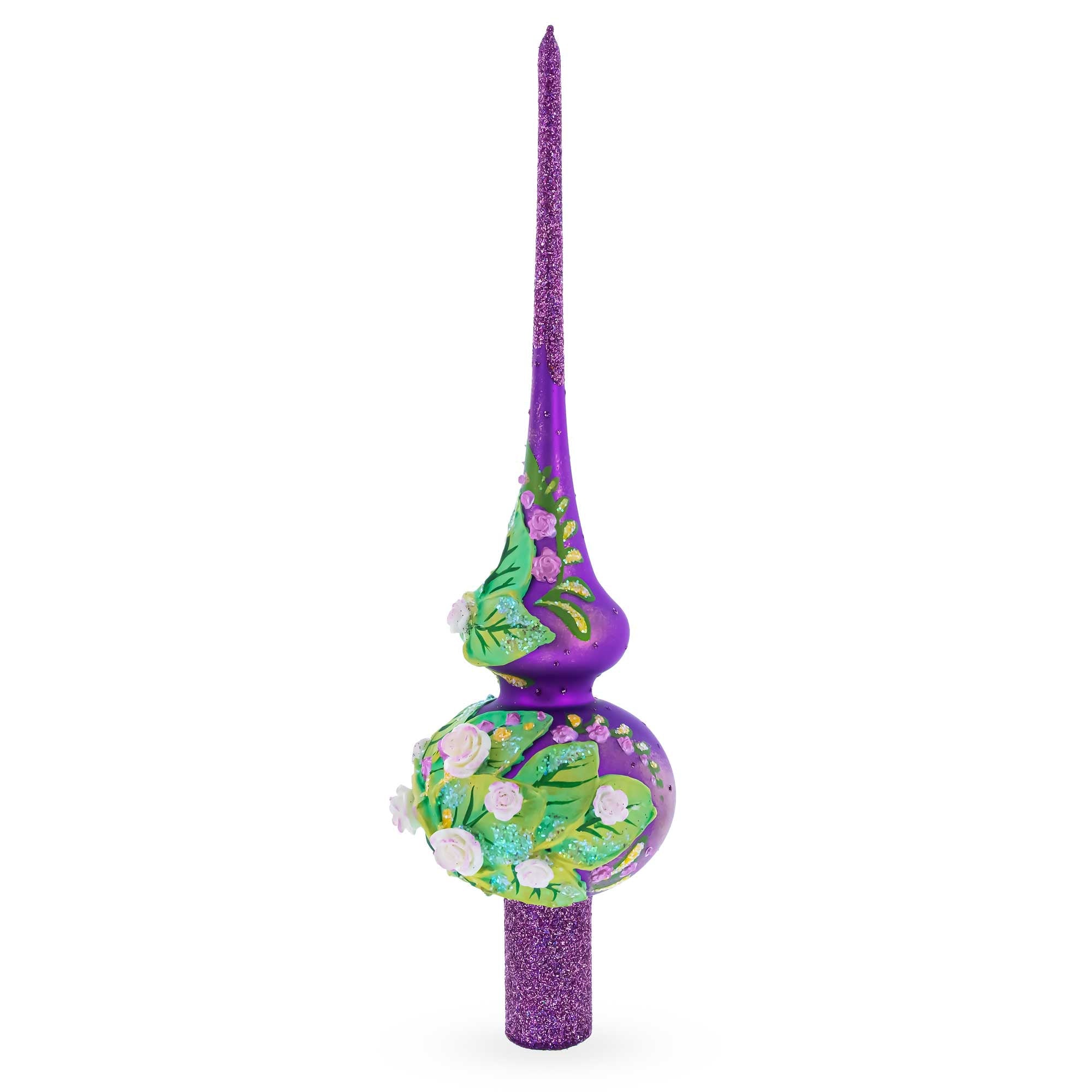 Dimensional Pink Roses on Purple Glass Christmas Tree Topper 11 Inches