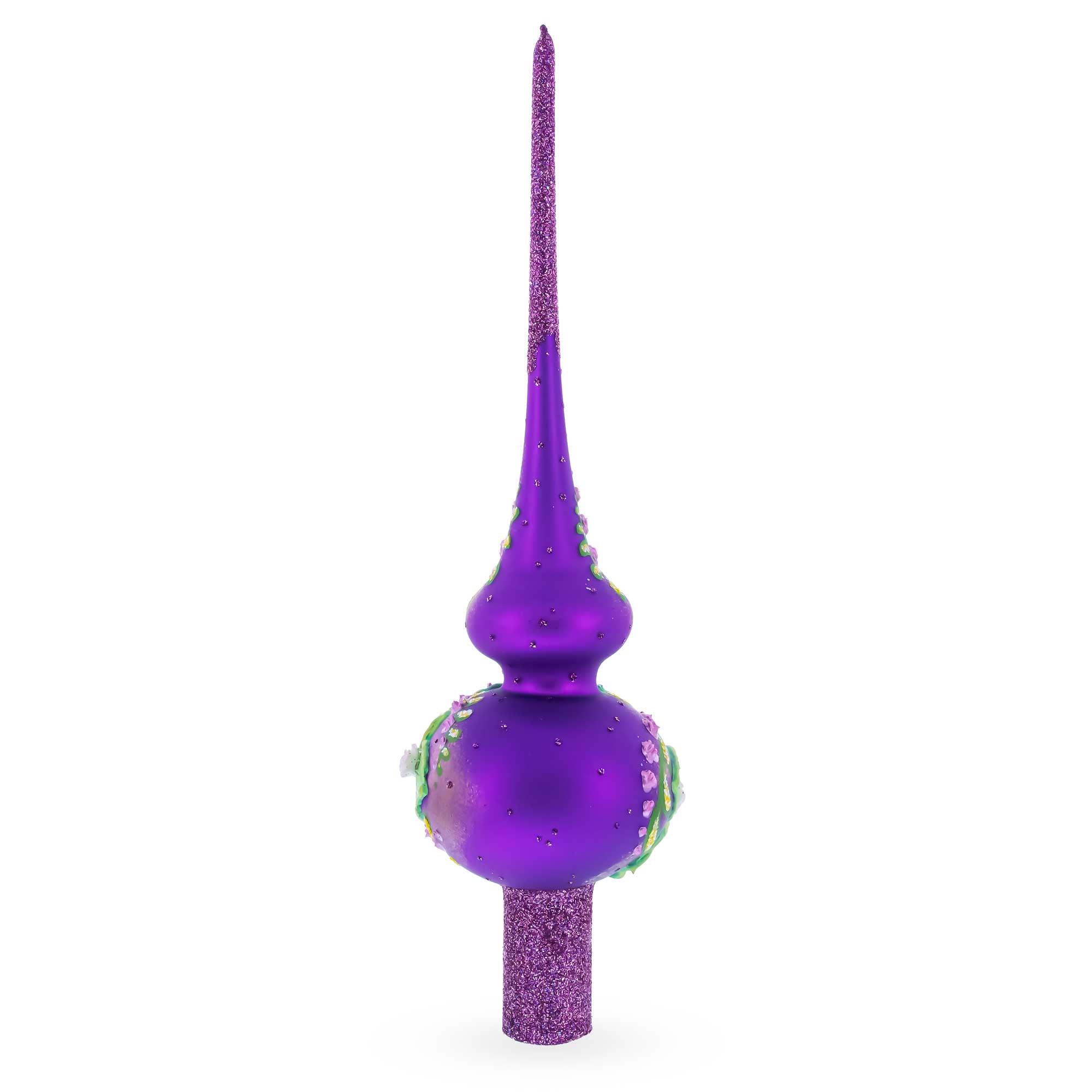 Dimensional Pink Roses on Purple Glass Christmas Tree Topper 11 Inches