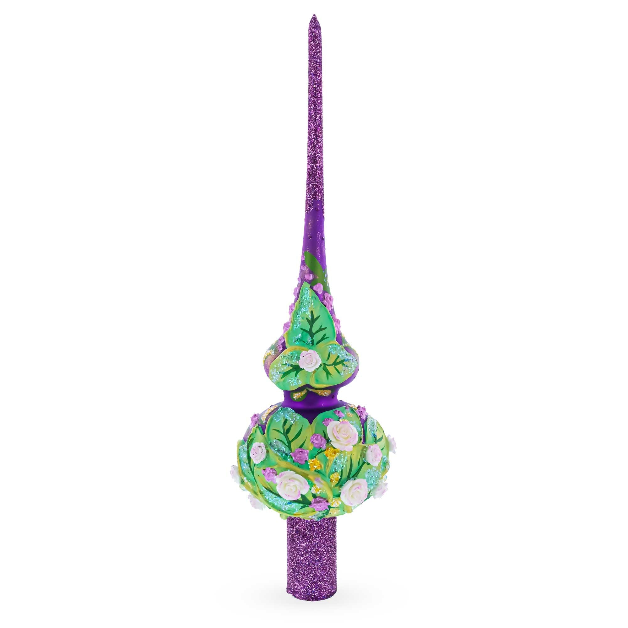 Dimensional Pink Roses on Purple Glass Christmas Tree Topper 11 Inches
