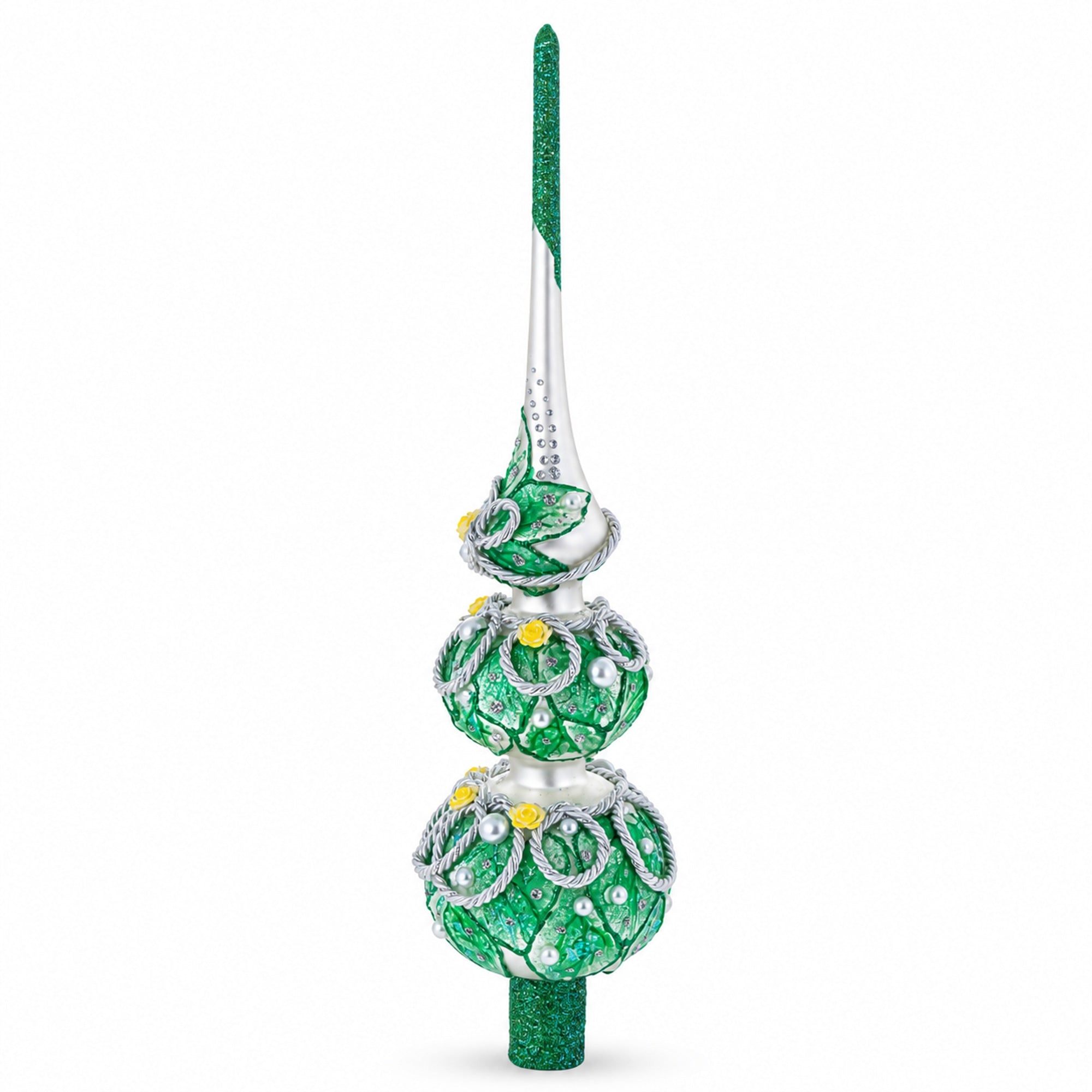 Dimensional Rope and Leaves on White Glass Christmas Tree Topper 12.5 Inches