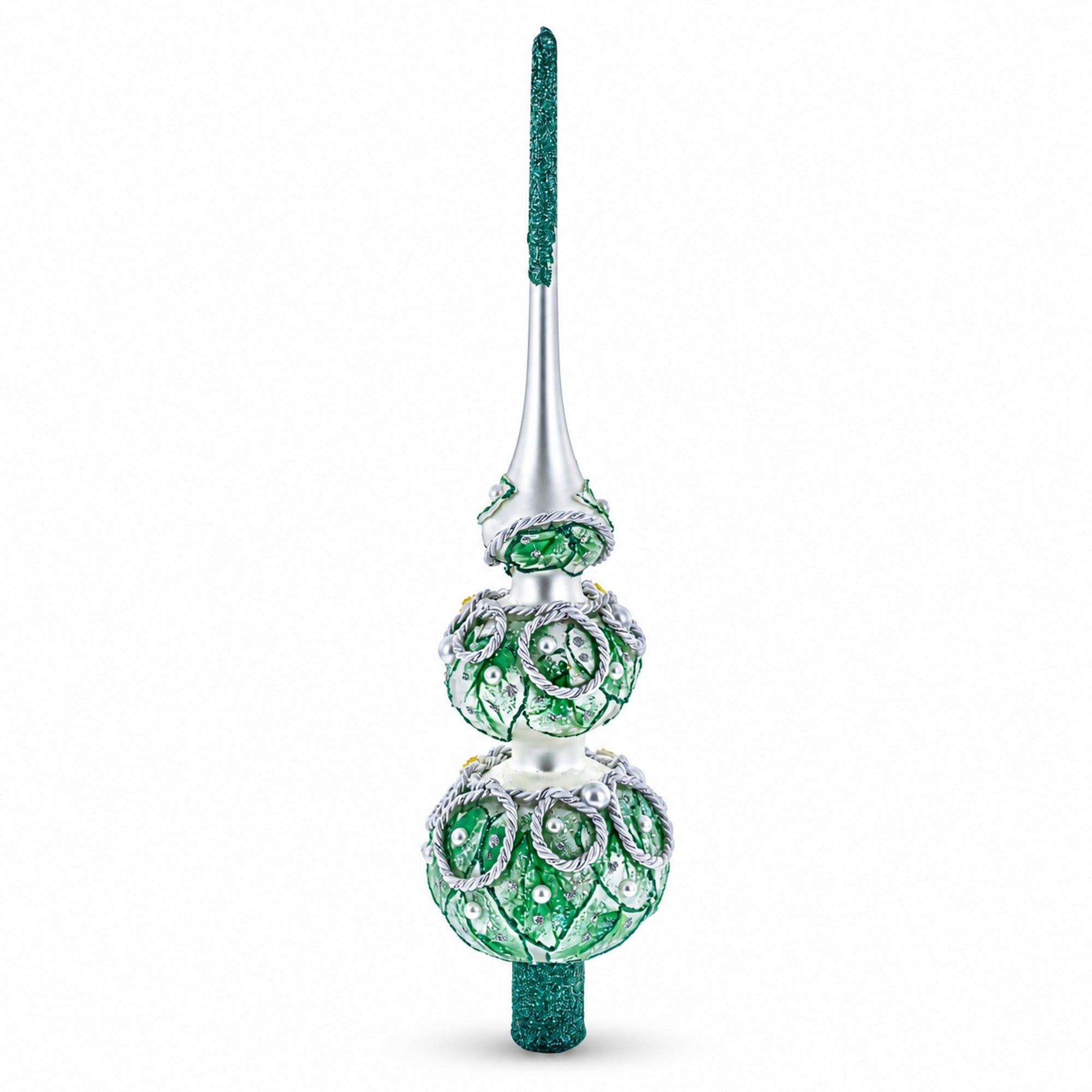 Dimensional Rope and Leaves on White Glass Christmas Tree Topper 12.5 Inches