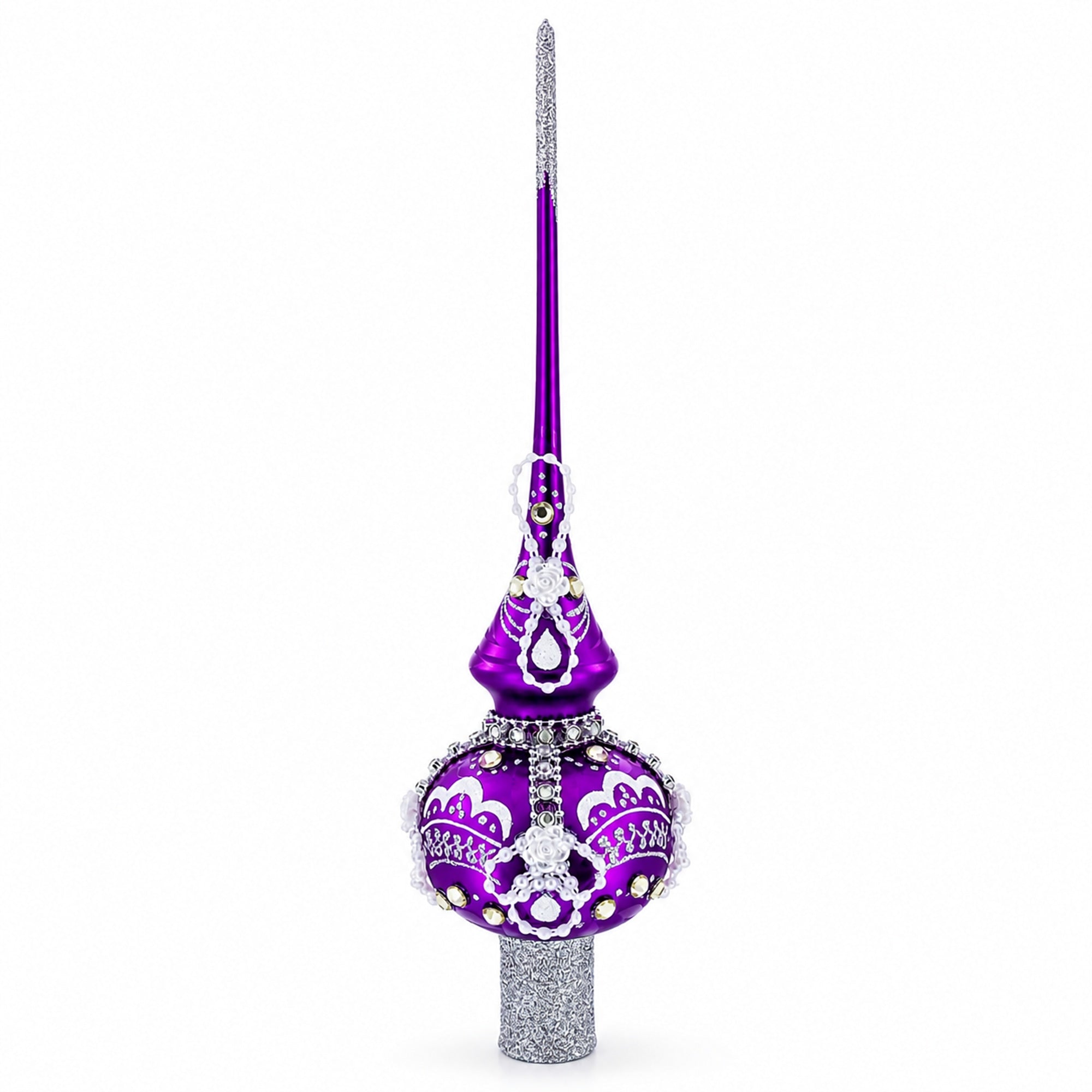 Dimensional White Roses on Purple Glass Christmas Tree Topper 11 Inches
