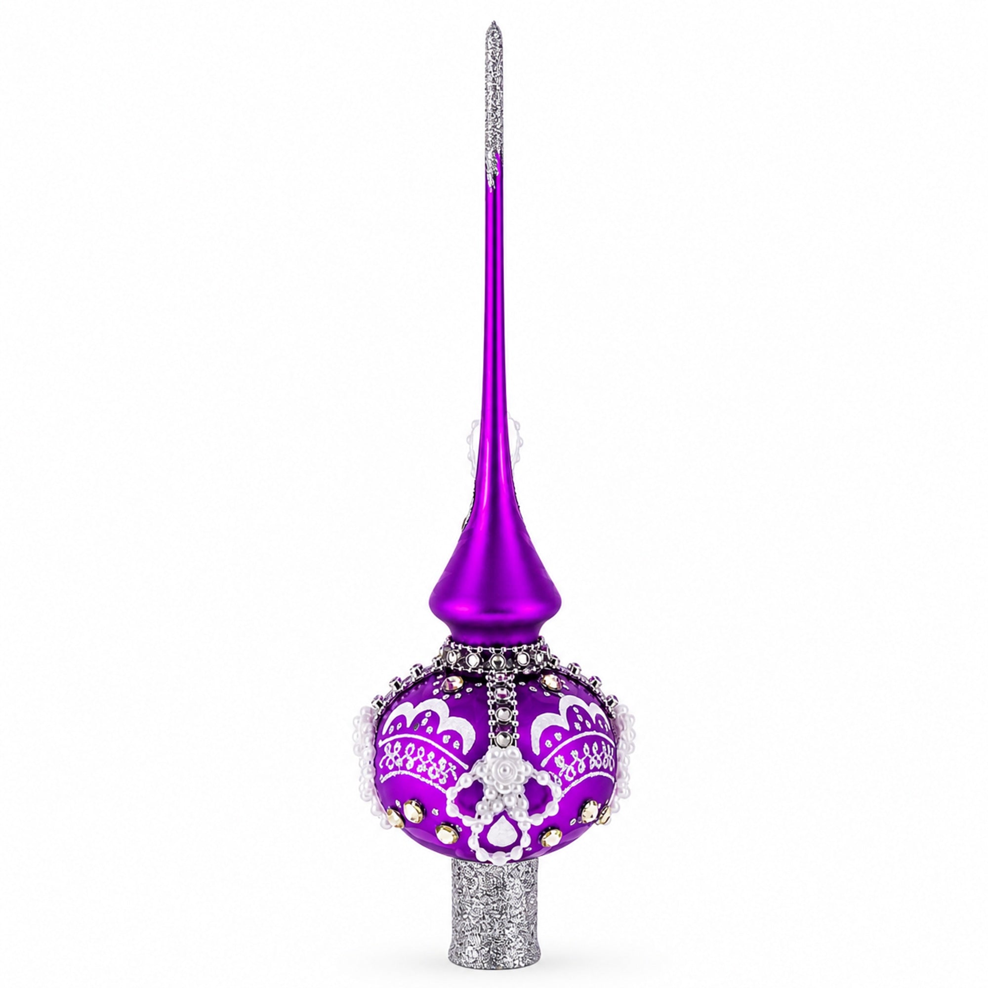 Dimensional White Roses on Purple Glass Christmas Tree Topper 11 Inches