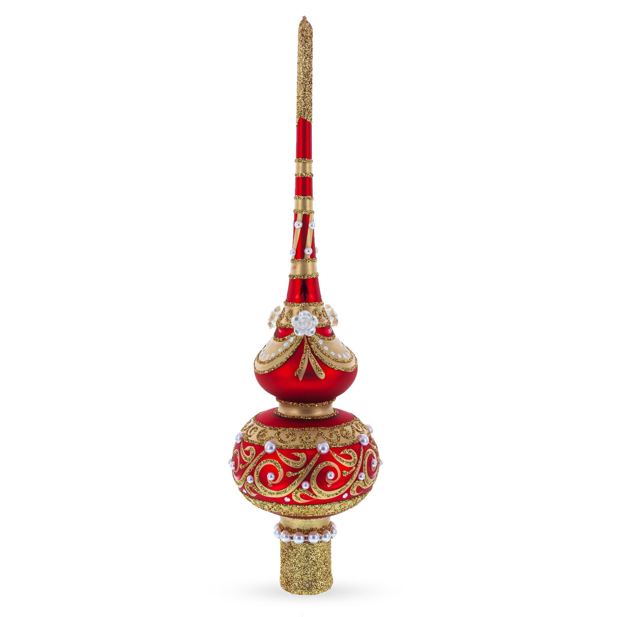 Dimensional Roses and Pearls on Golden Scroll Glass Christmas Tree Topper 11 Inches