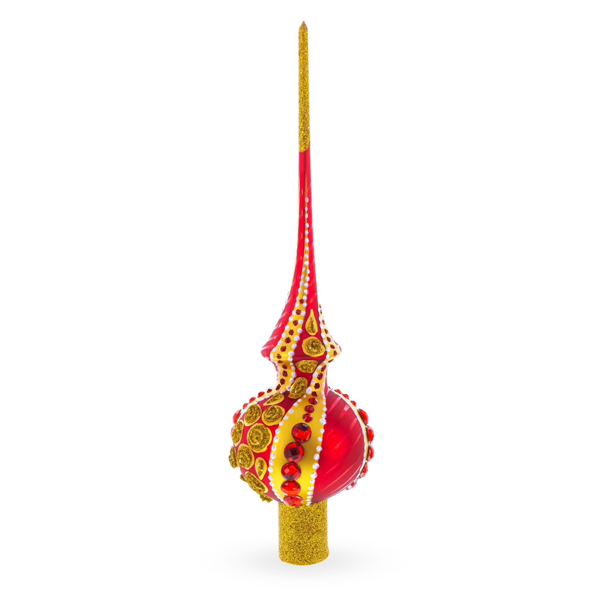 Dimensional Red Jewels on Golden Spirals Glass Christmas Tree Topper 11 Inches