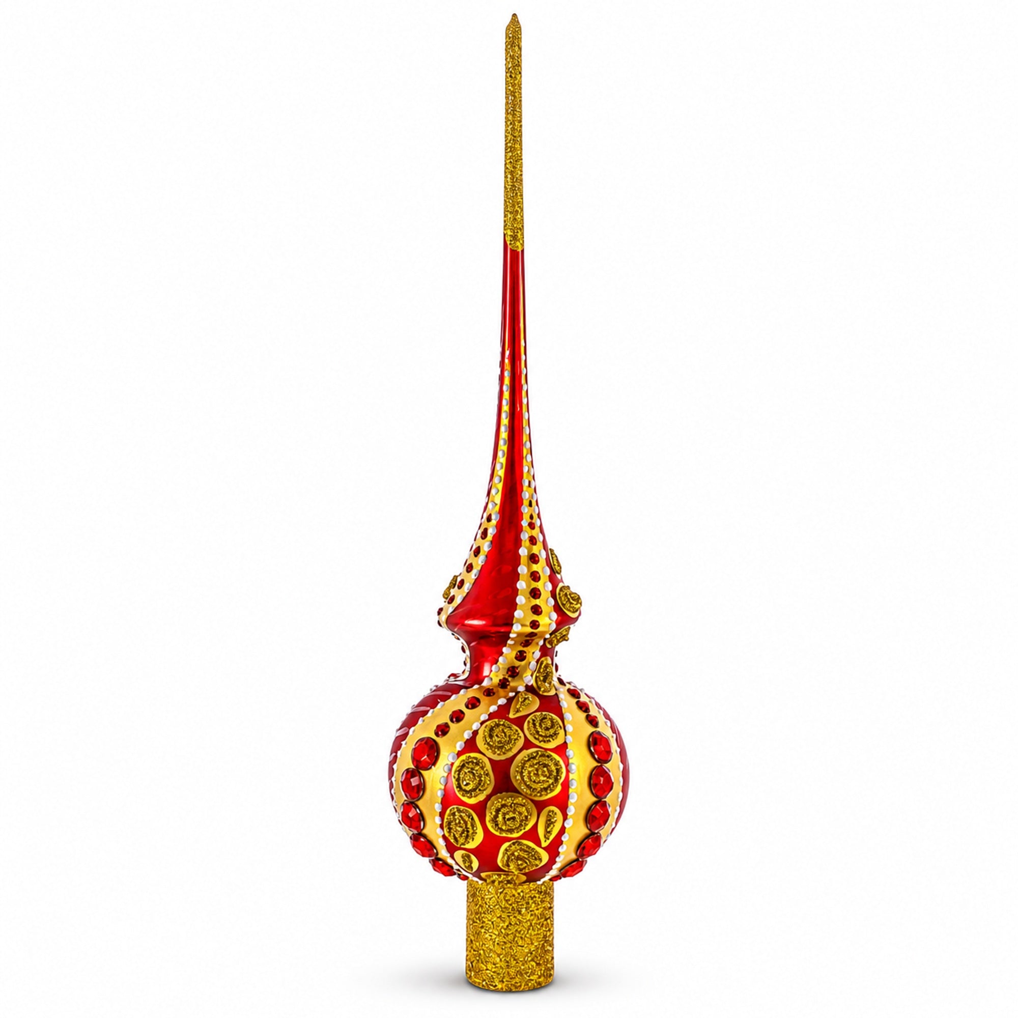 Dimensional Red Jewels on Golden Spirals Glass Christmas Tree Topper 11 Inches
