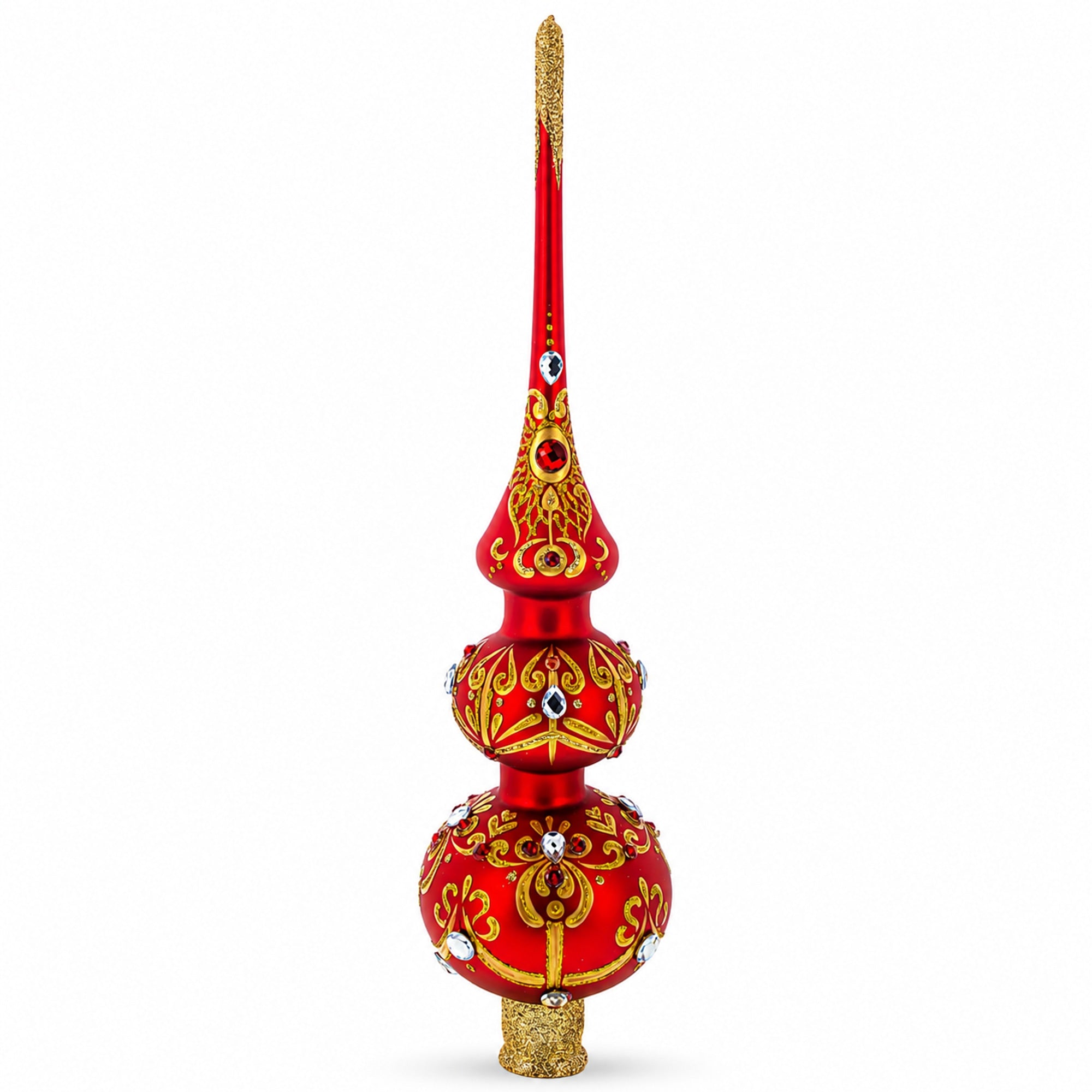 White and Red Jewels with Golden Trellis on Red Glass Christmas Tree Topper 12.5 Inches