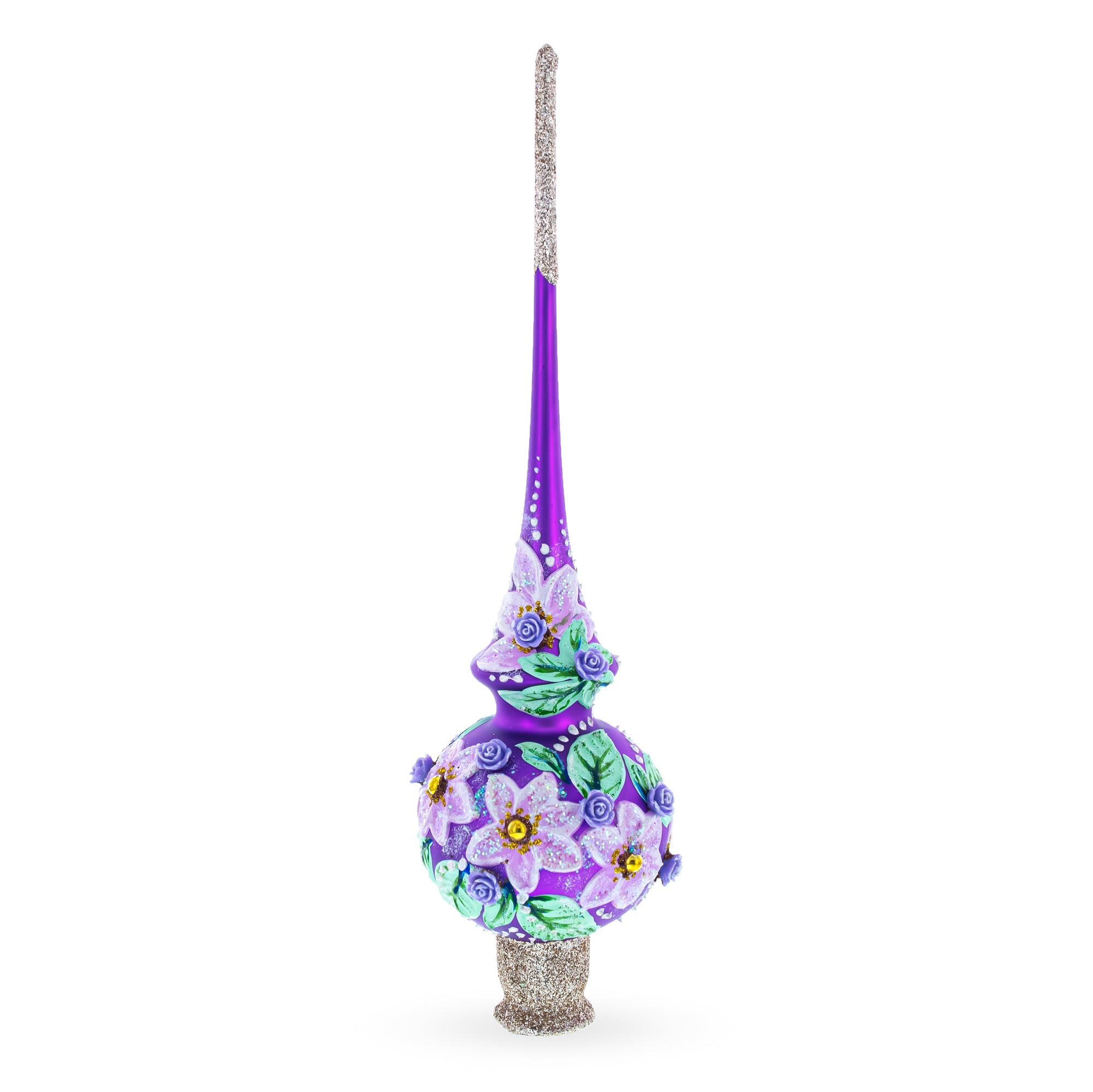 Dimensional Roses on Purple Glass Christmas Tree Topper 11 Inches