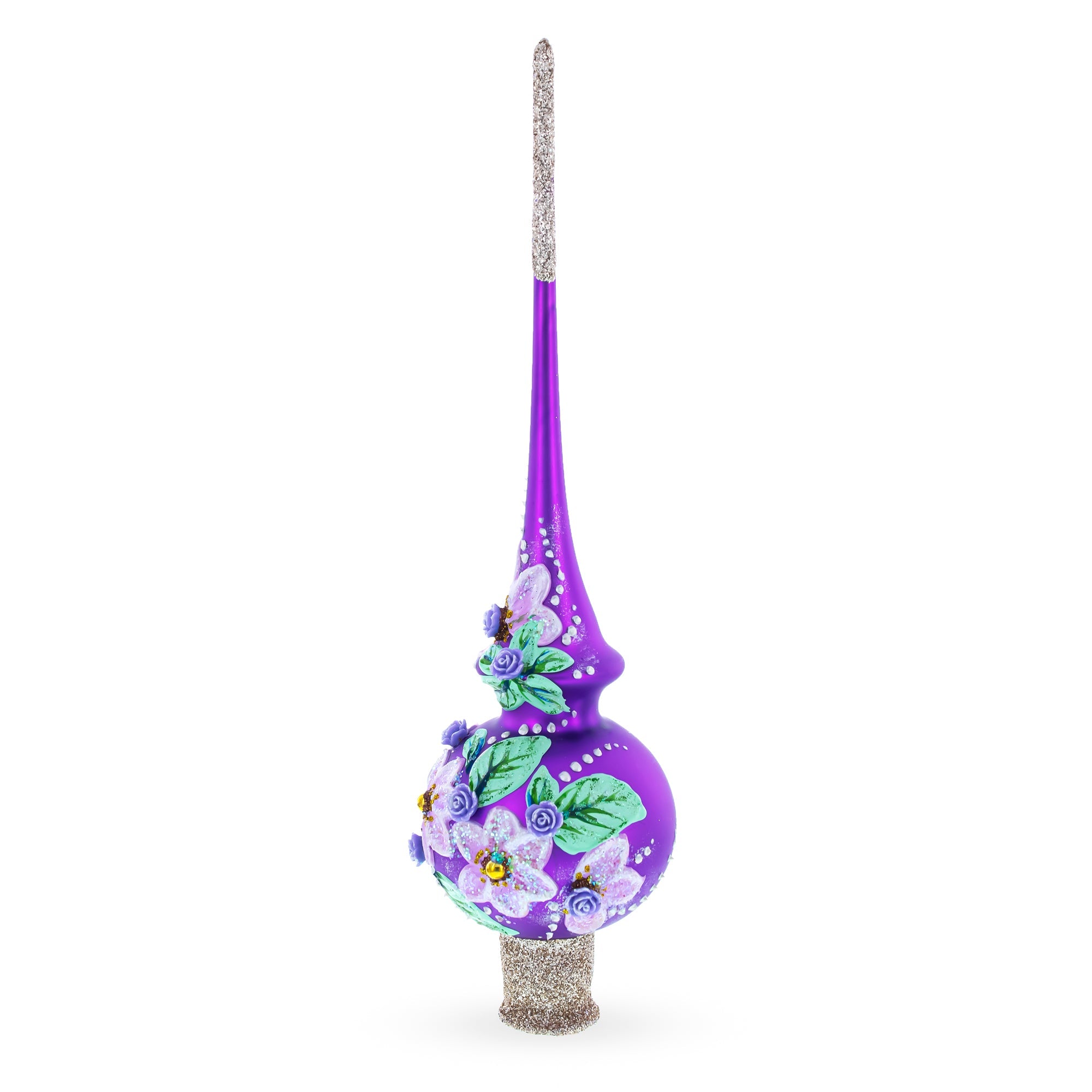 Dimensional Roses on Purple Glass Christmas Tree Topper 11 Inches