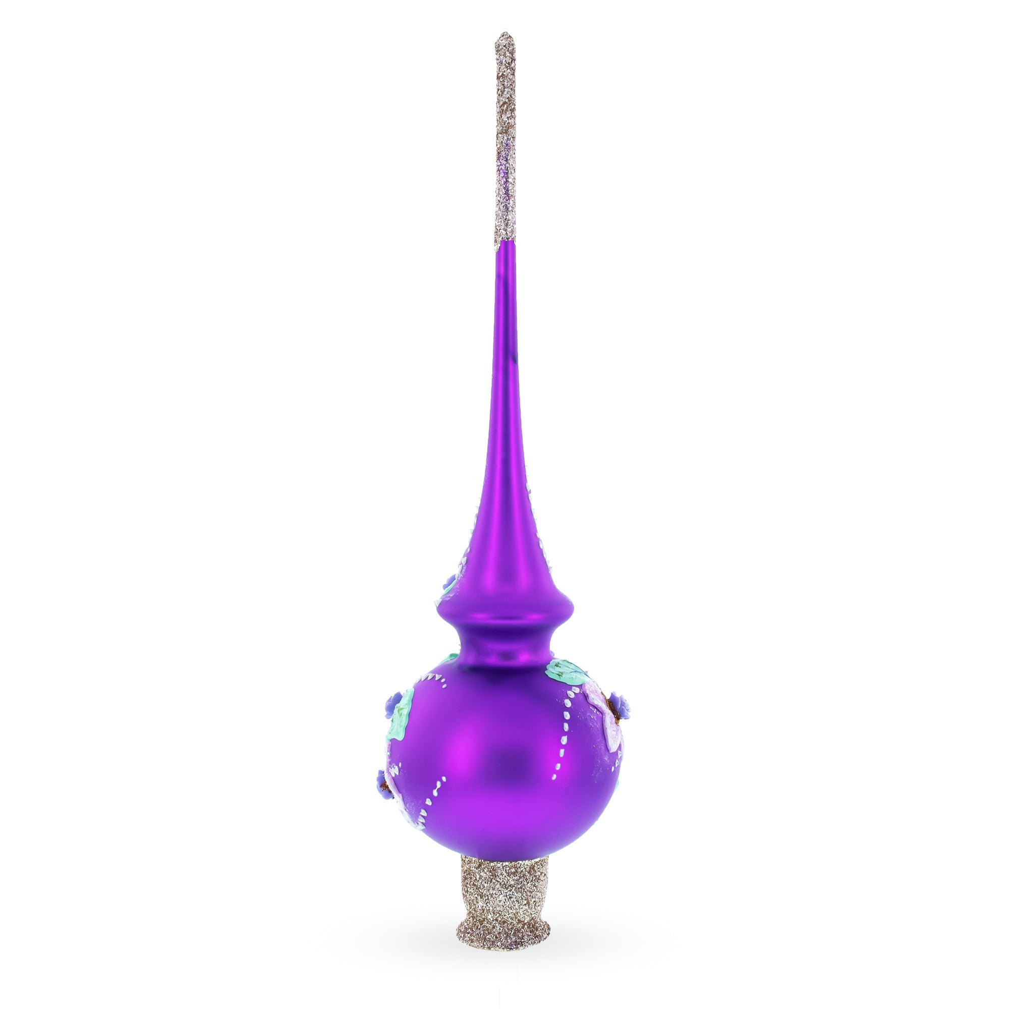 Dimensional Roses on Purple Glass Christmas Tree Topper 11 Inches