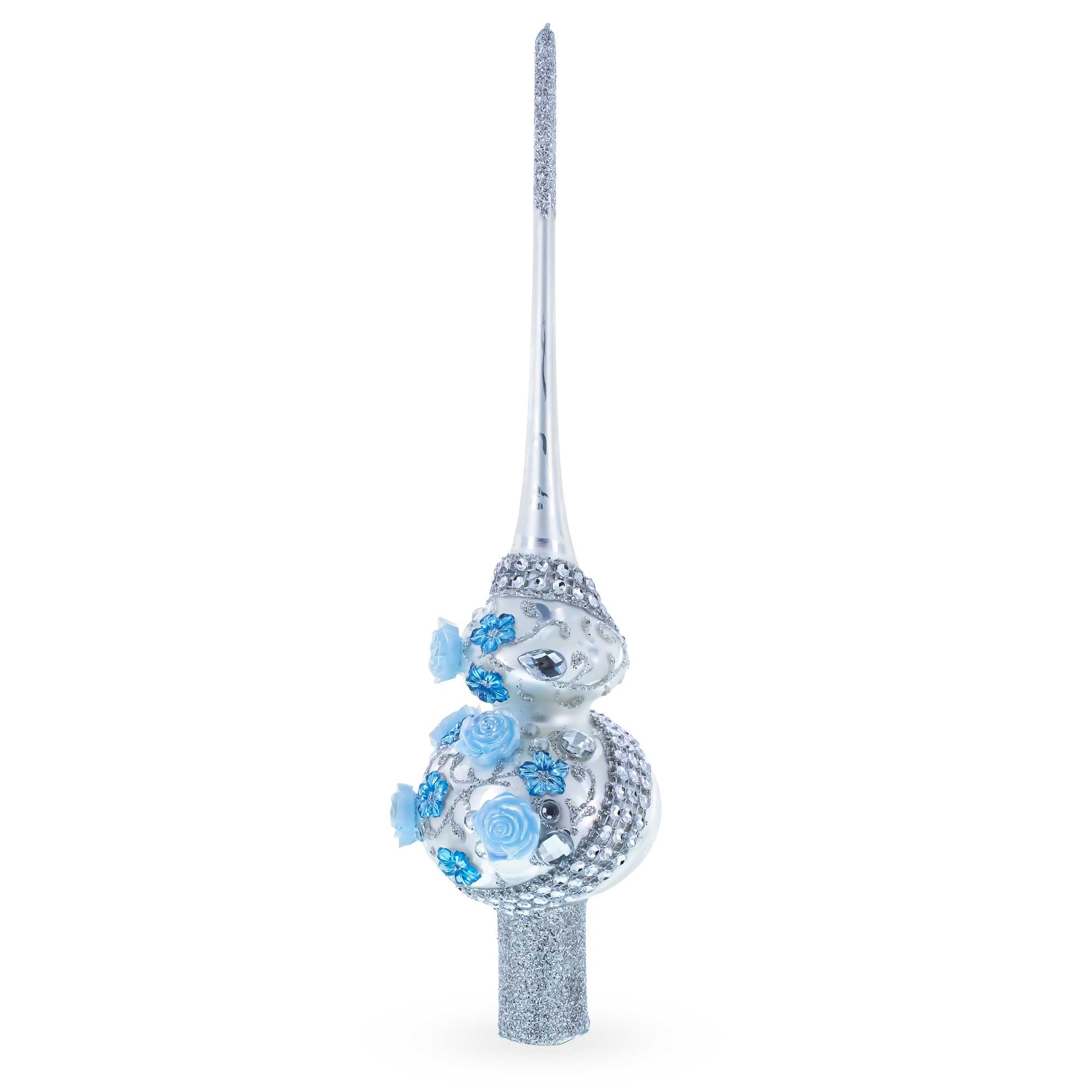 Dimensional Blue Roses and Flowers on Silver Glass Christmas Tree Topper 11 Inches