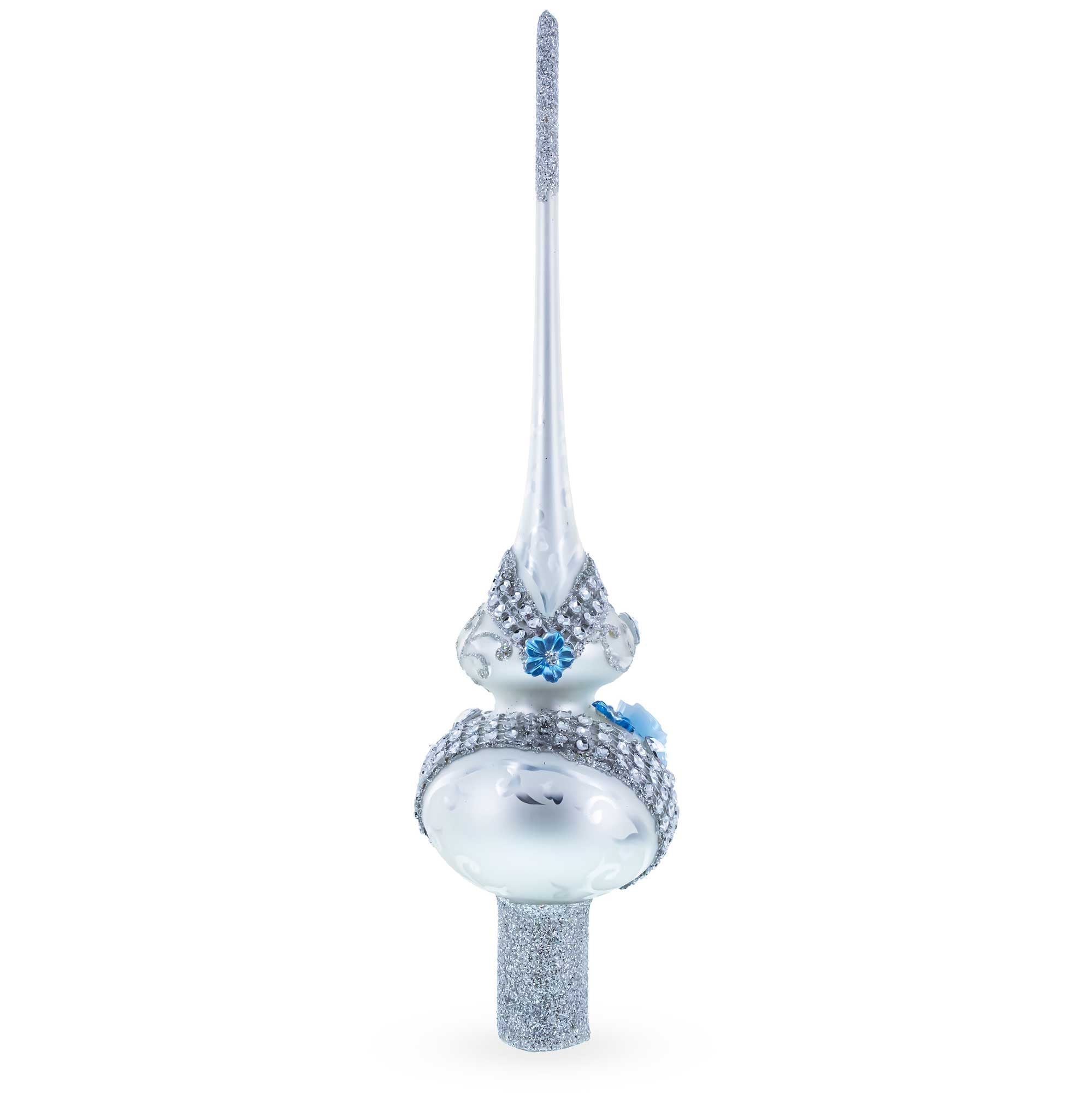 Dimensional Blue Roses and Flowers on Silver Glass Christmas Tree Topper 11 Inches