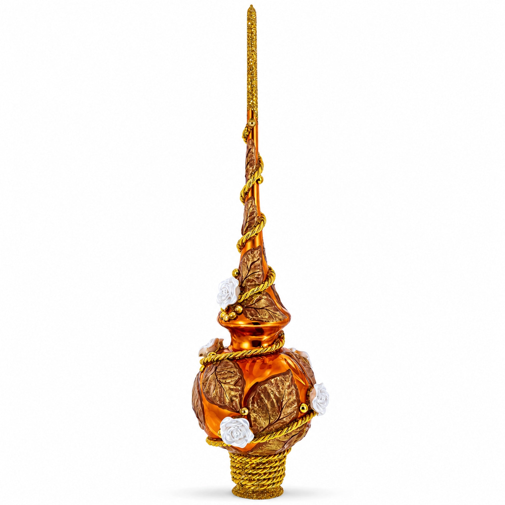 White Roses with Golden Leaves on Gold Glass Christmas Tree Topper 11 Inches
