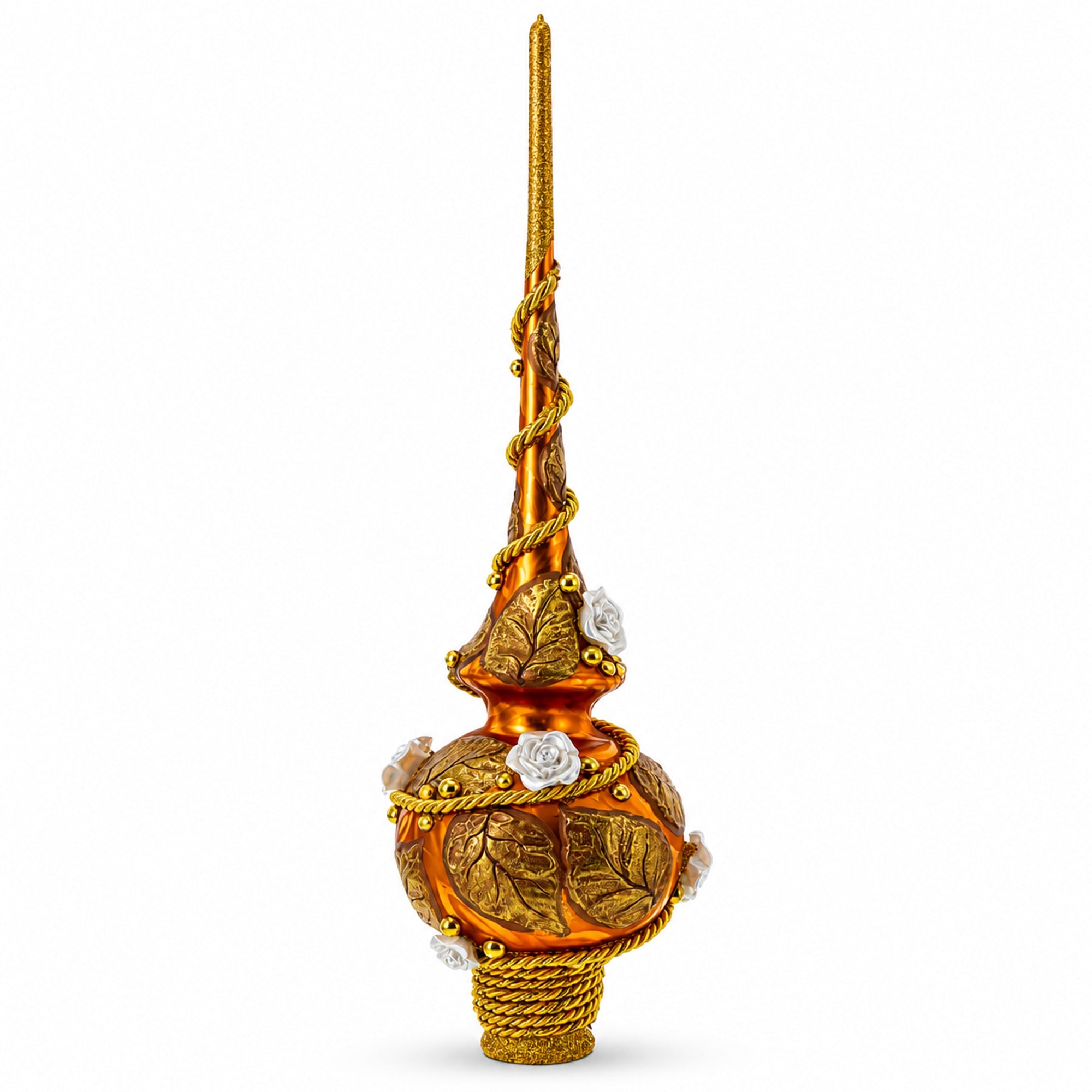 White Roses with Golden Leaves on Gold Glass Christmas Tree Topper 11 Inches