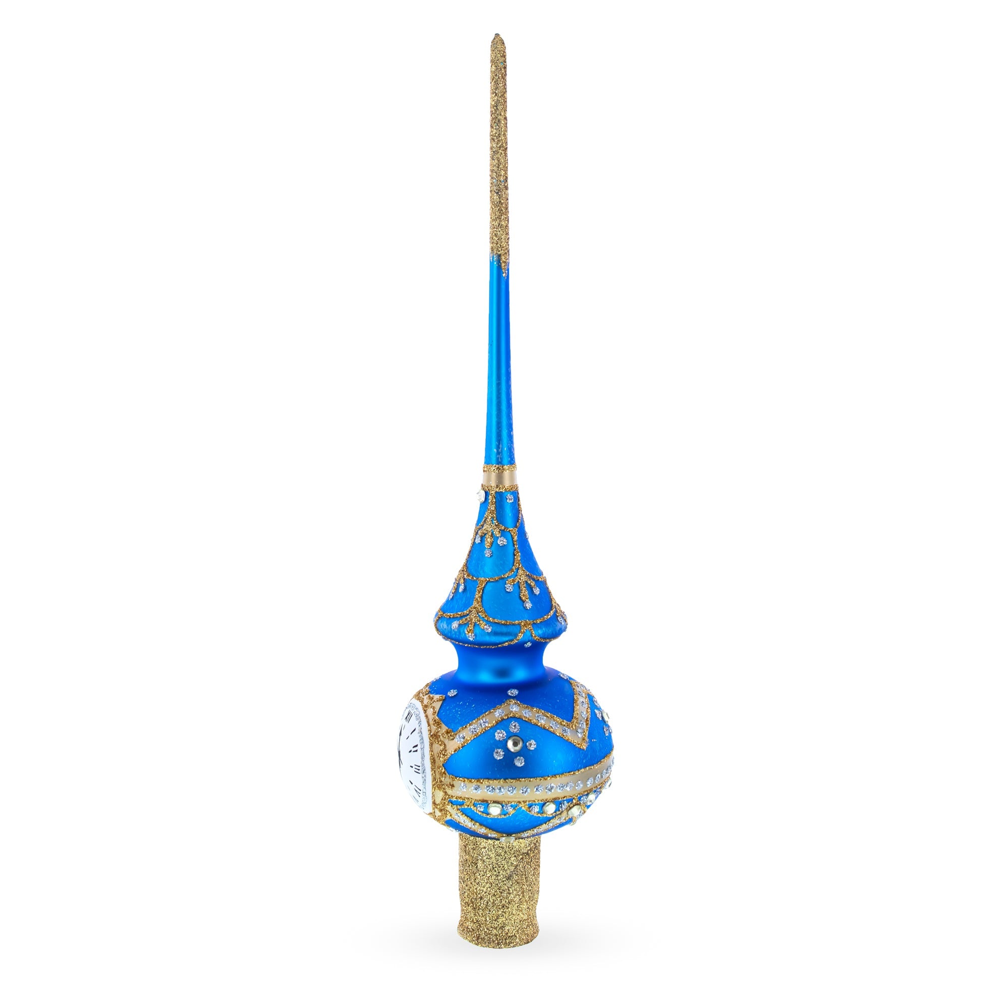White Dial Clock on Blue and Gold Glass Christmas Tree Topper 11 Inches
