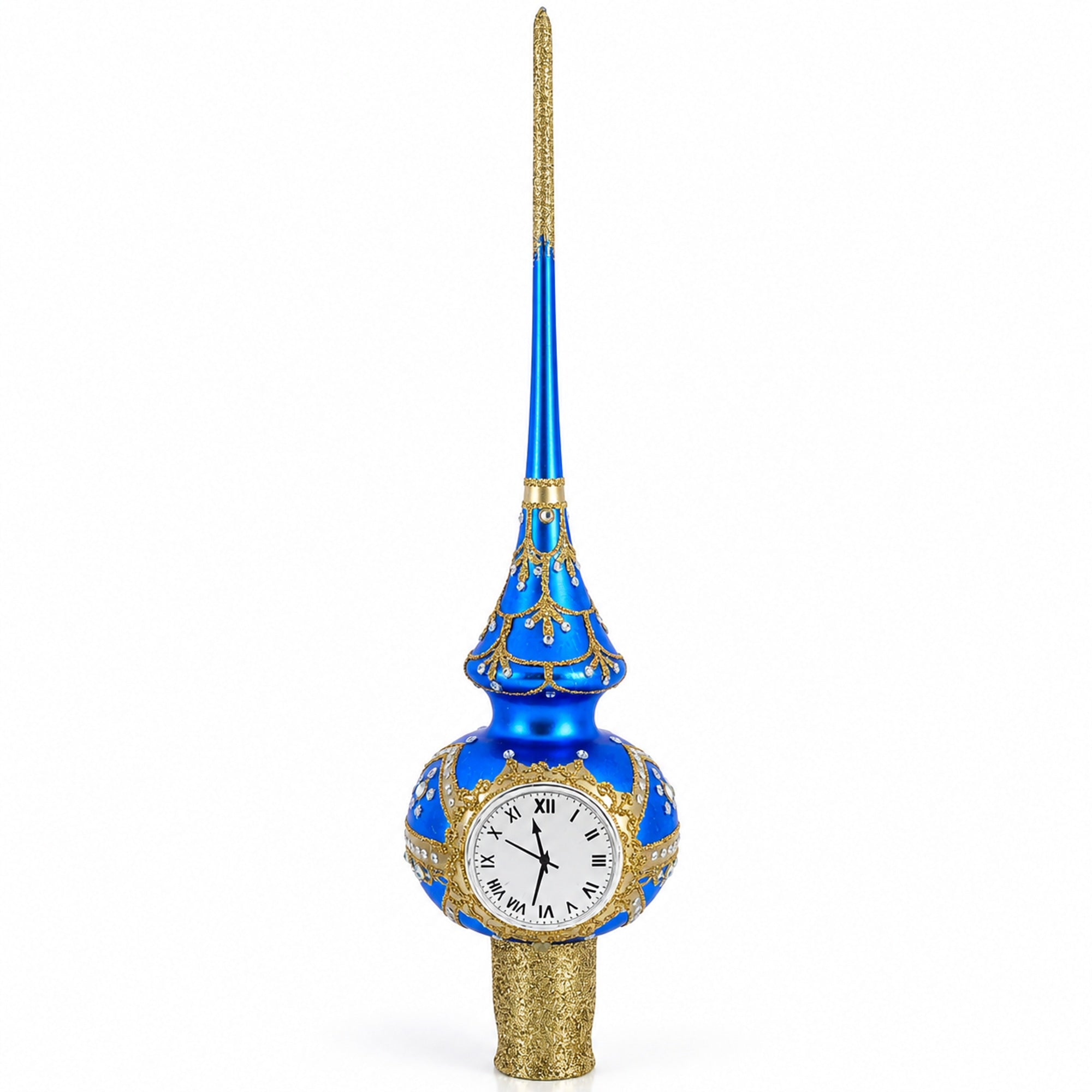 White Dial Clock on Blue and Gold Glass Christmas Tree Topper 11 Inches