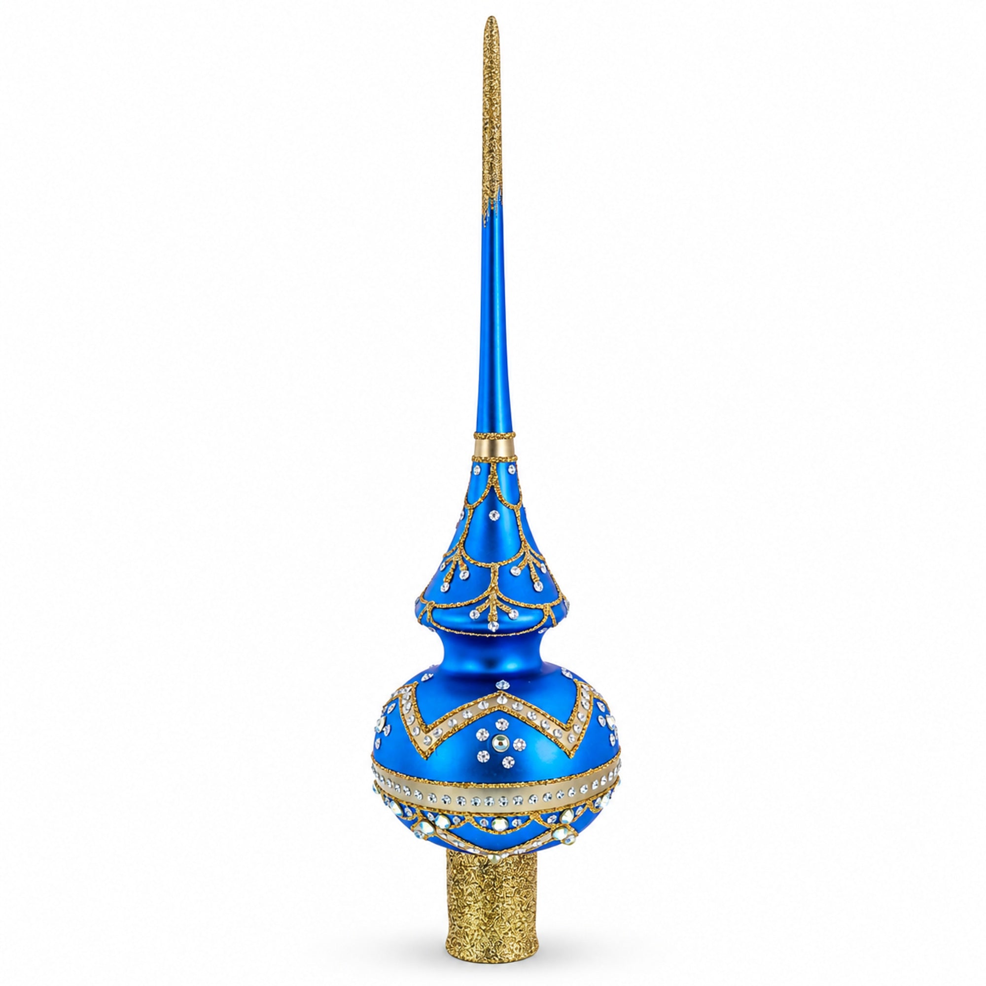 White Dial Clock on Blue and Gold Glass Christmas Tree Topper 11 Inches