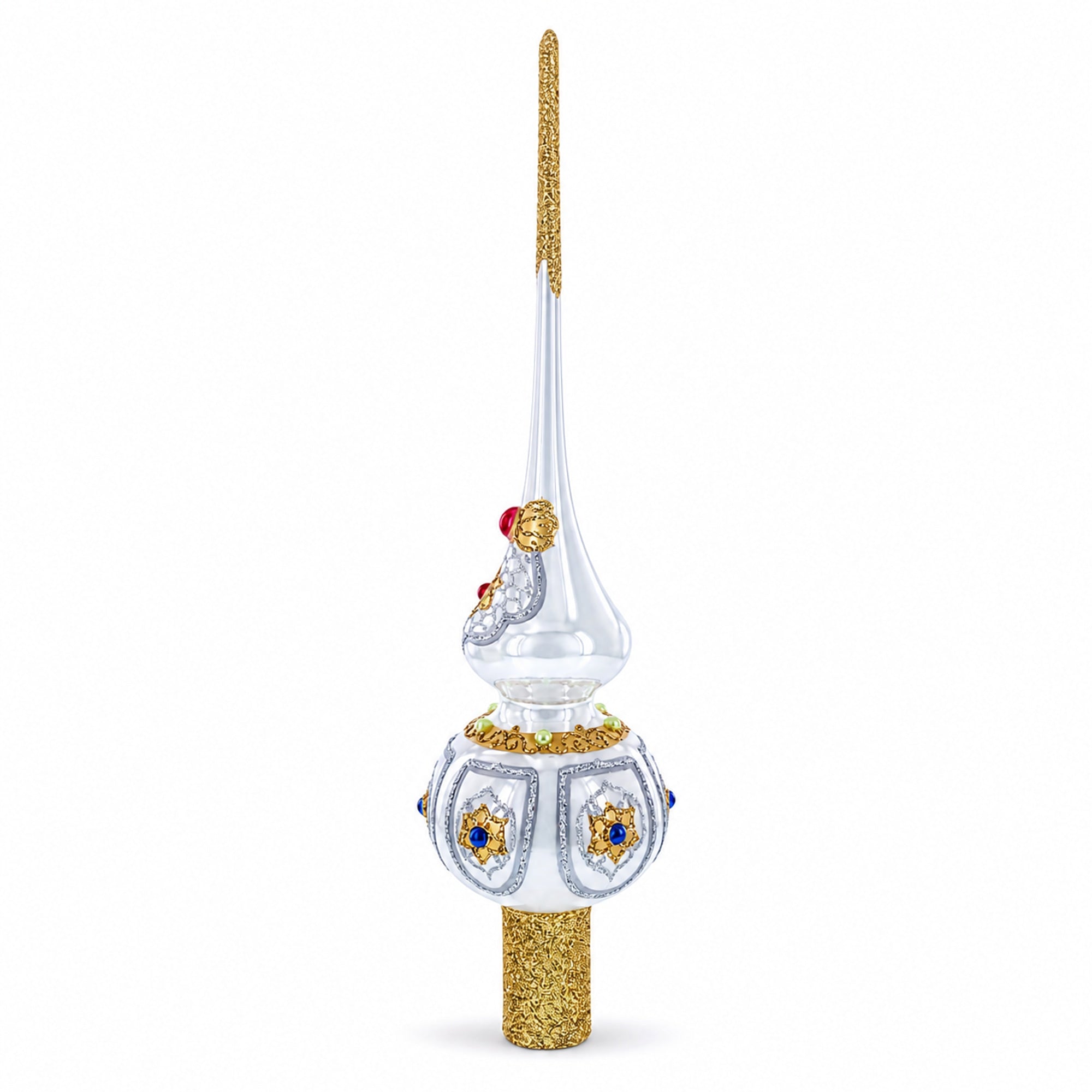 Dimensional Blue and Red Jewels on Silver Glass Christmas Tree Topper 11 Inches