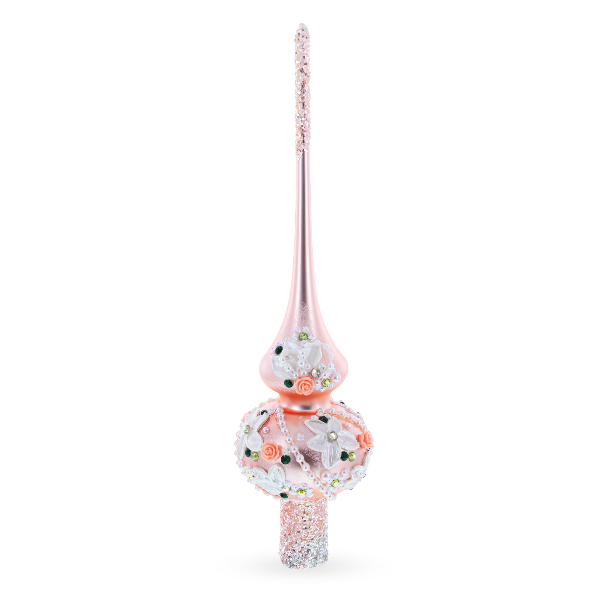 Pink Flowers on Metallic Rose Pink Glass Christmas Tree Topper 11 Inches
