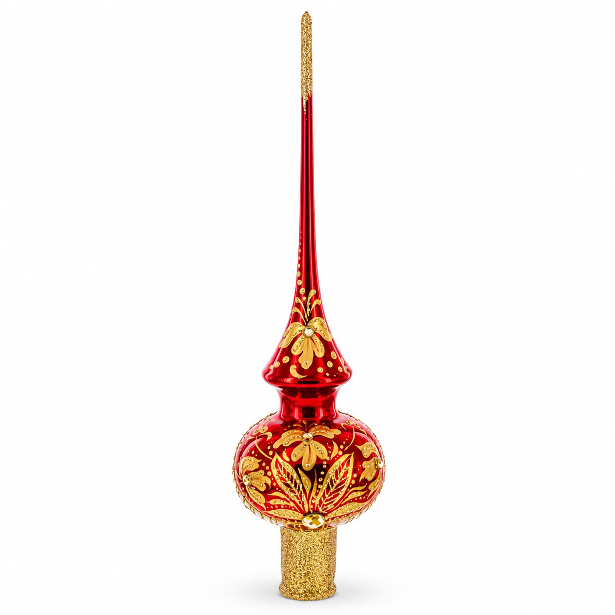 Golden Flowers Bouquet on Glossy Red Glass Christmas Tree Topper 11 Inches