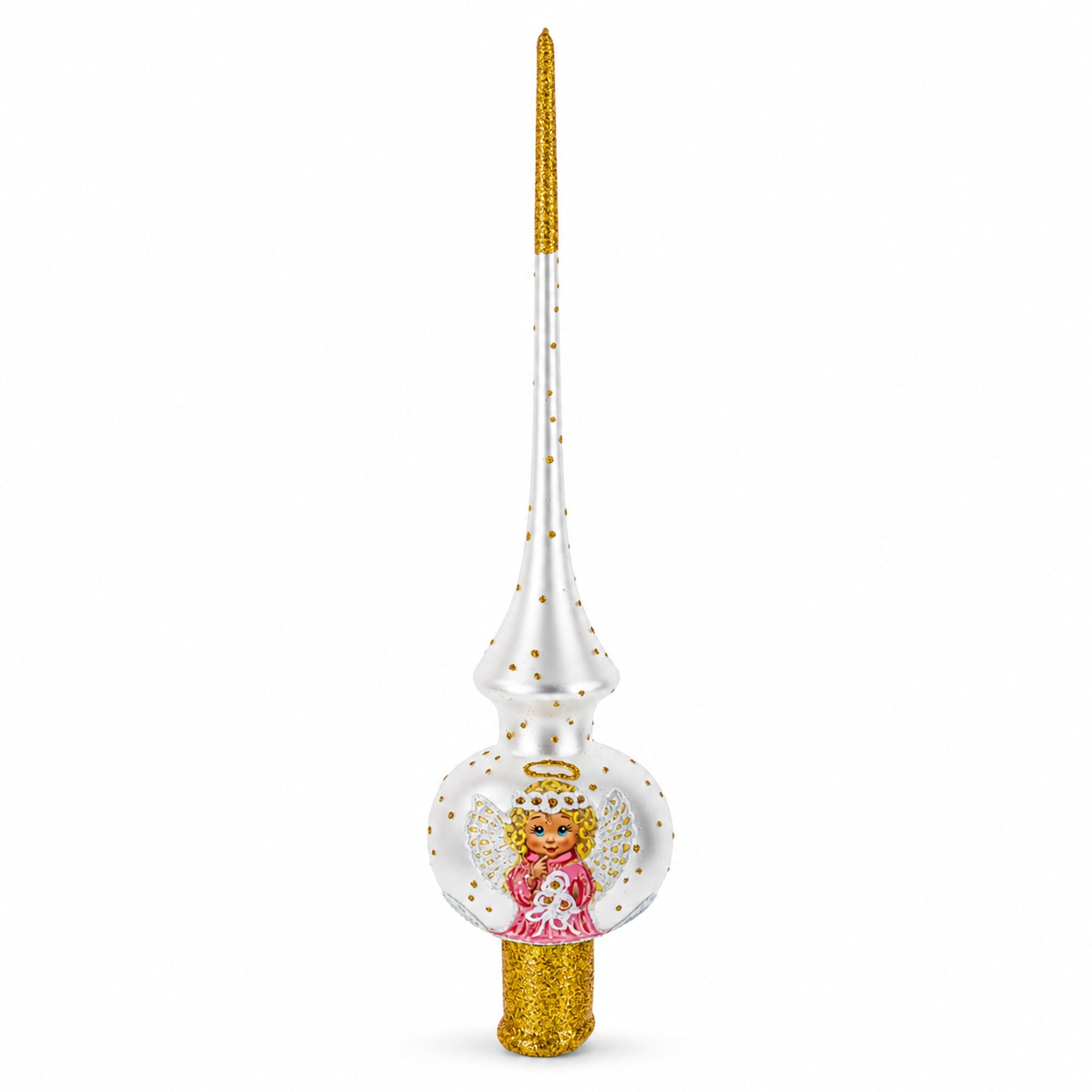 Angel on White Golden Flowers Bouquet Glass Christmas Tree Topper 11 Inches
