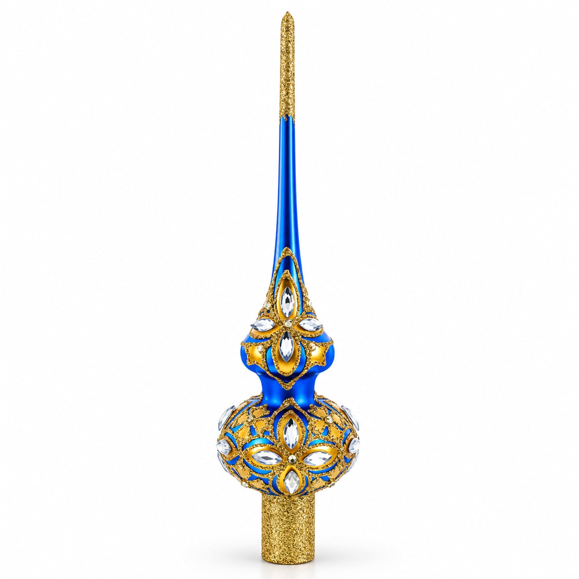 Diamond Stars on Blue and Gold Glass Christmas Tree Topper 11 Inches