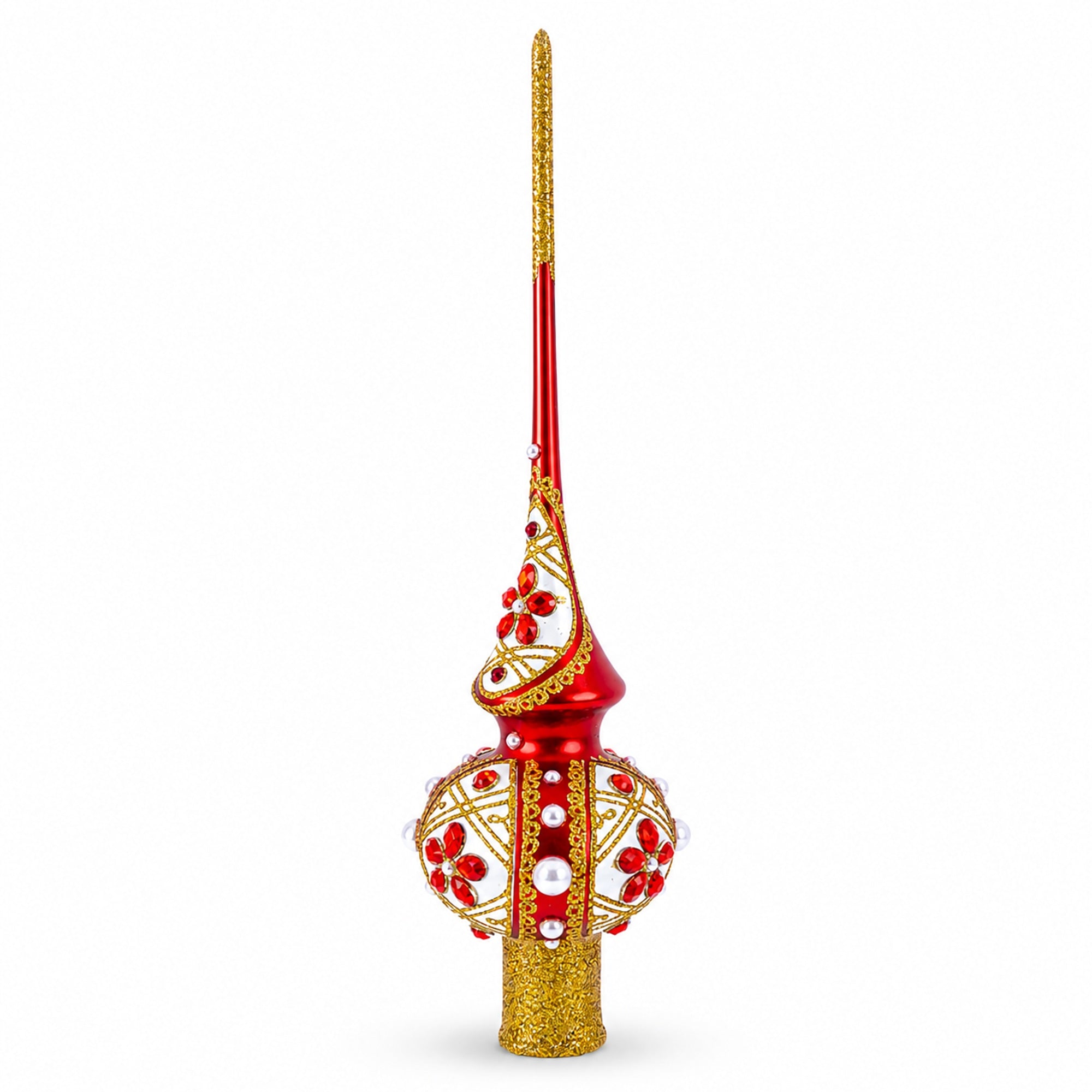 Red Jewels and White Pearls on Red Glass Christmas Tree Topper 11 Inches