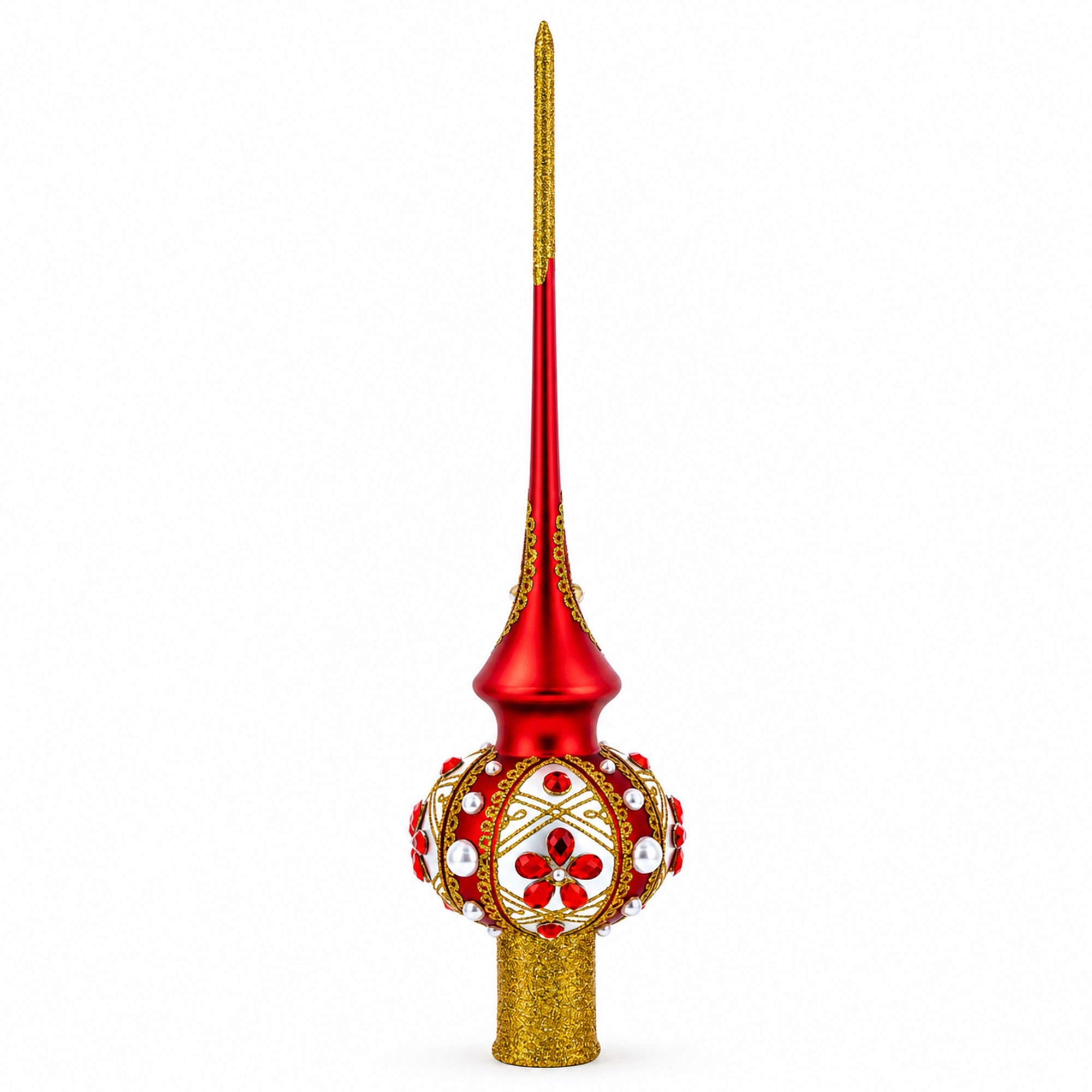 Red Jewels and White Pearls on Red Glass Christmas Tree Topper 11 Inches
