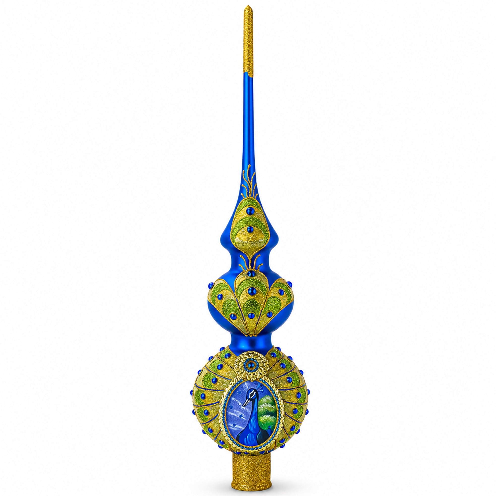 Peacock Double Ball Glass Christmas Tree Topper 16 Inches