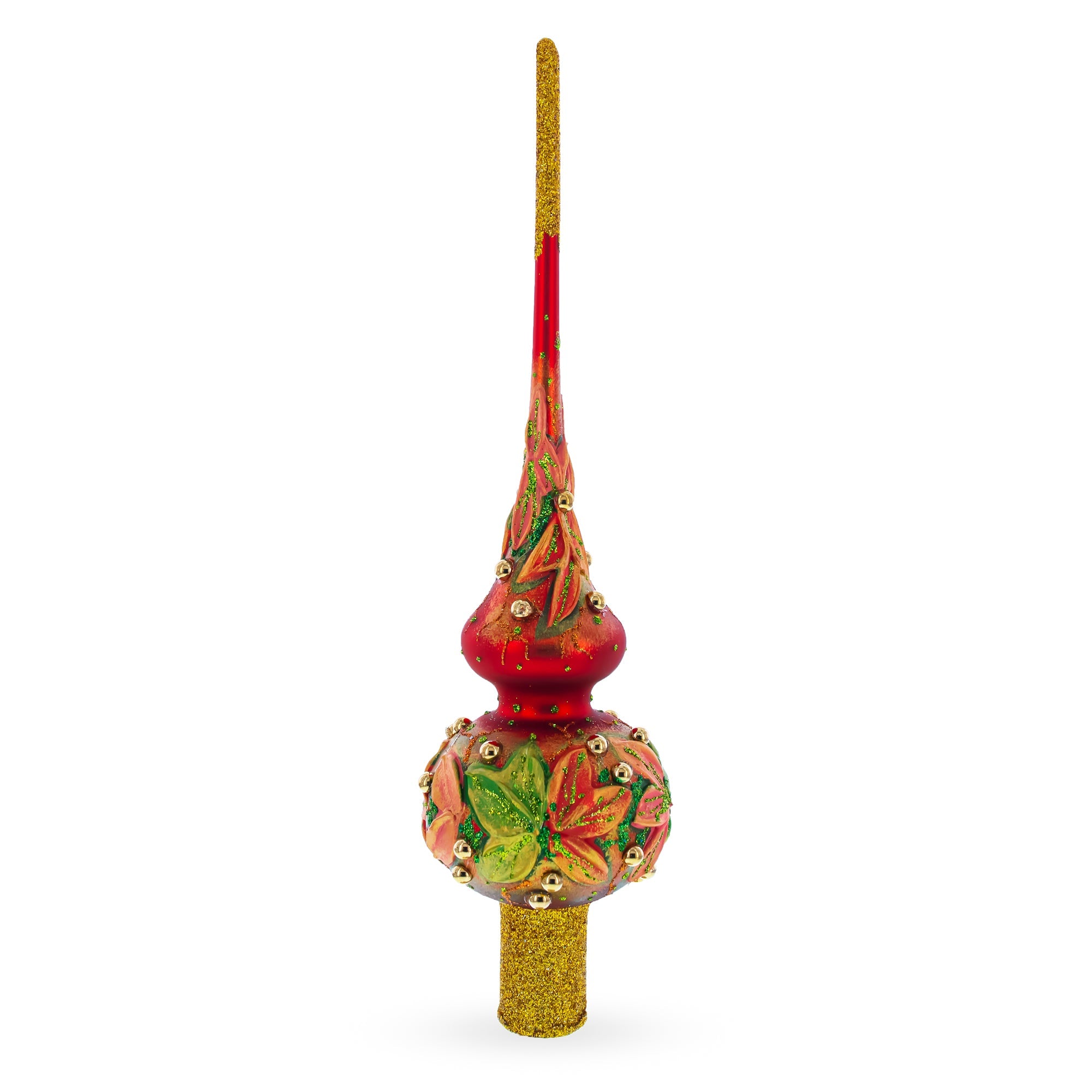 Red and Green Leaves on Red Glass Christmas Tree Topper 11 Inches