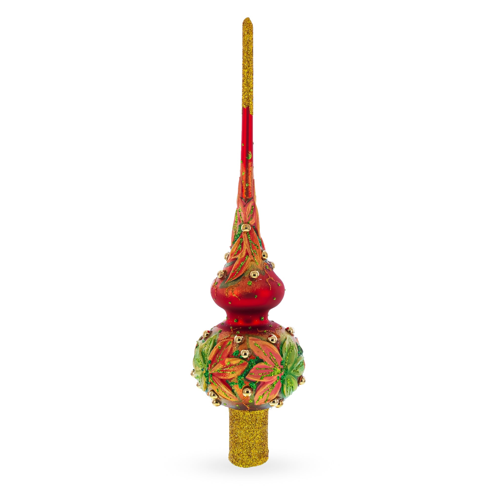 Red and Green Leaves on Red Glass Christmas Tree Topper 11 Inches