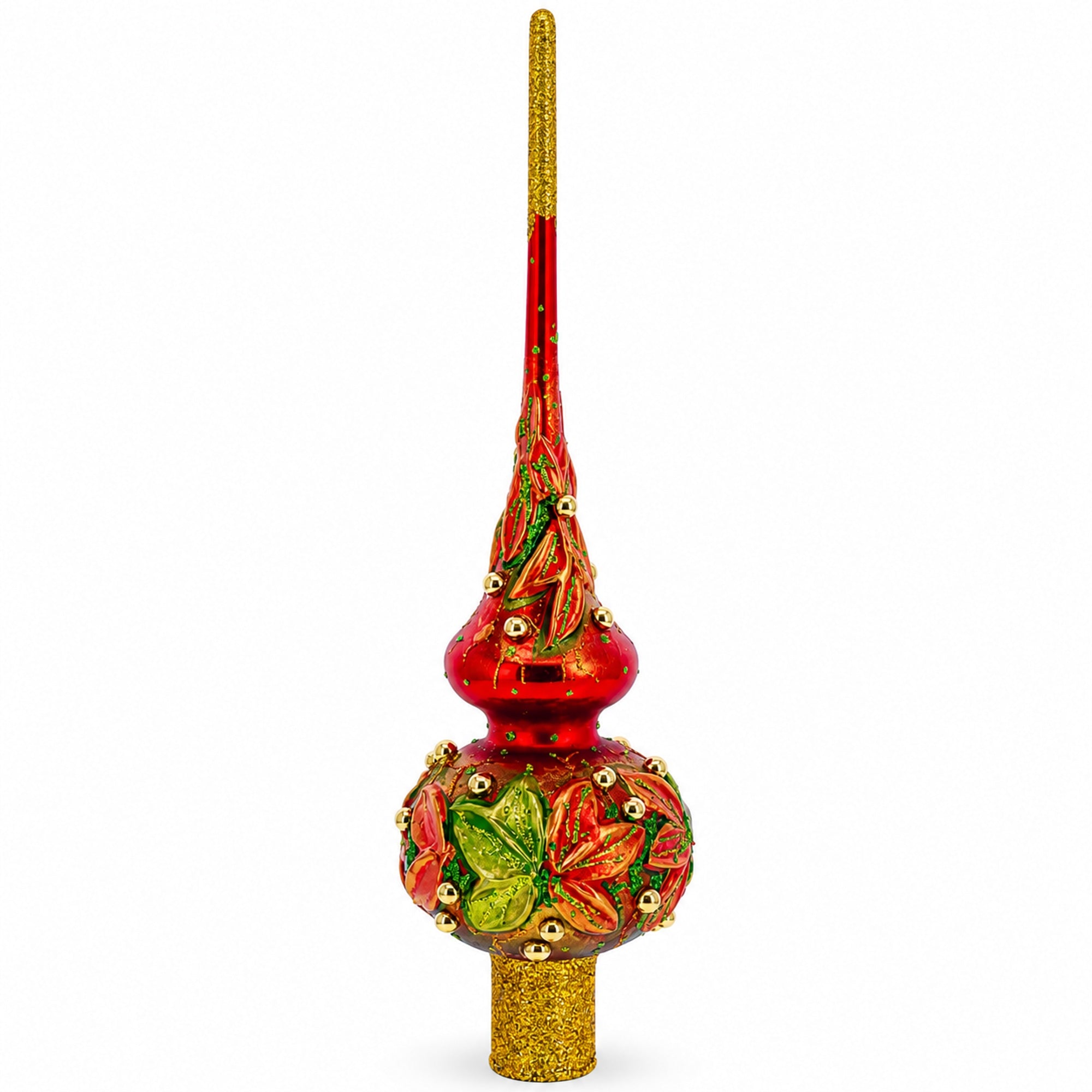 Red and Green Leaves on Red Glass Christmas Tree Topper 11 Inches