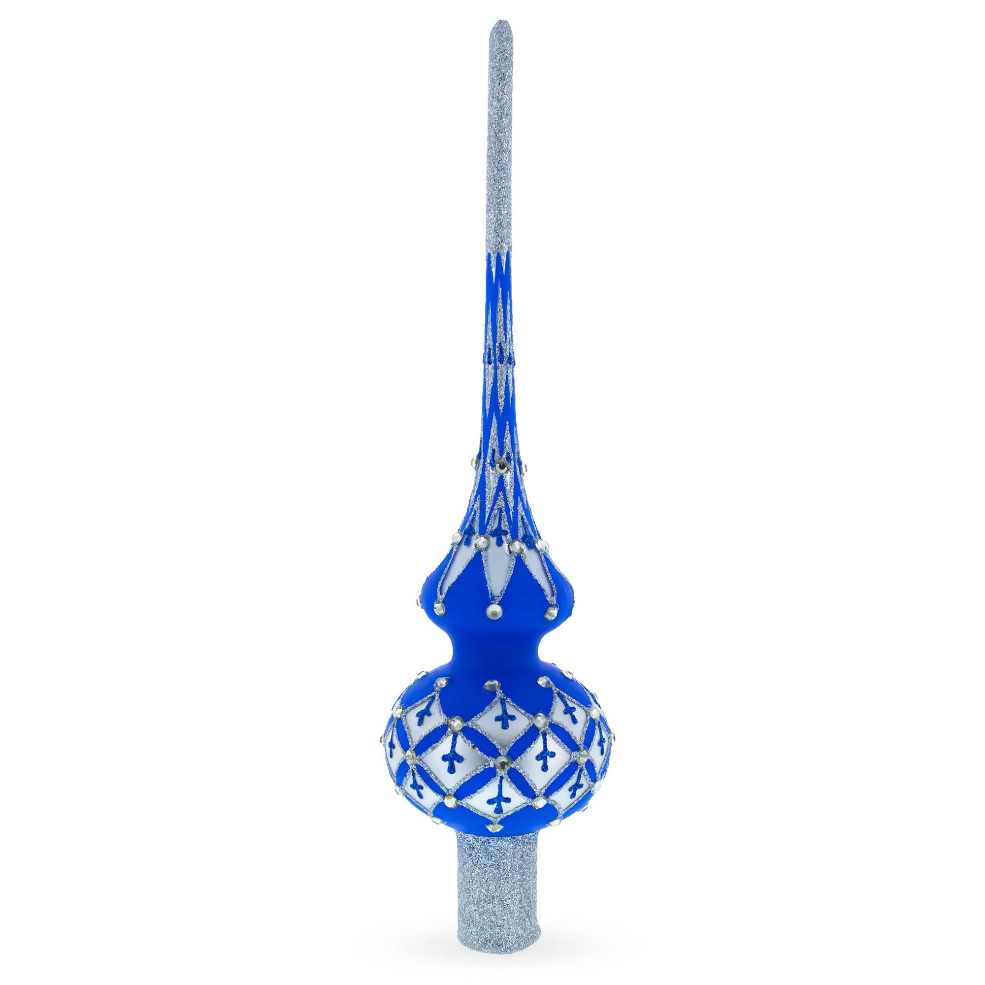 Silver Diamonds on Blue Glass Christmas Tree Topper 11 Inches