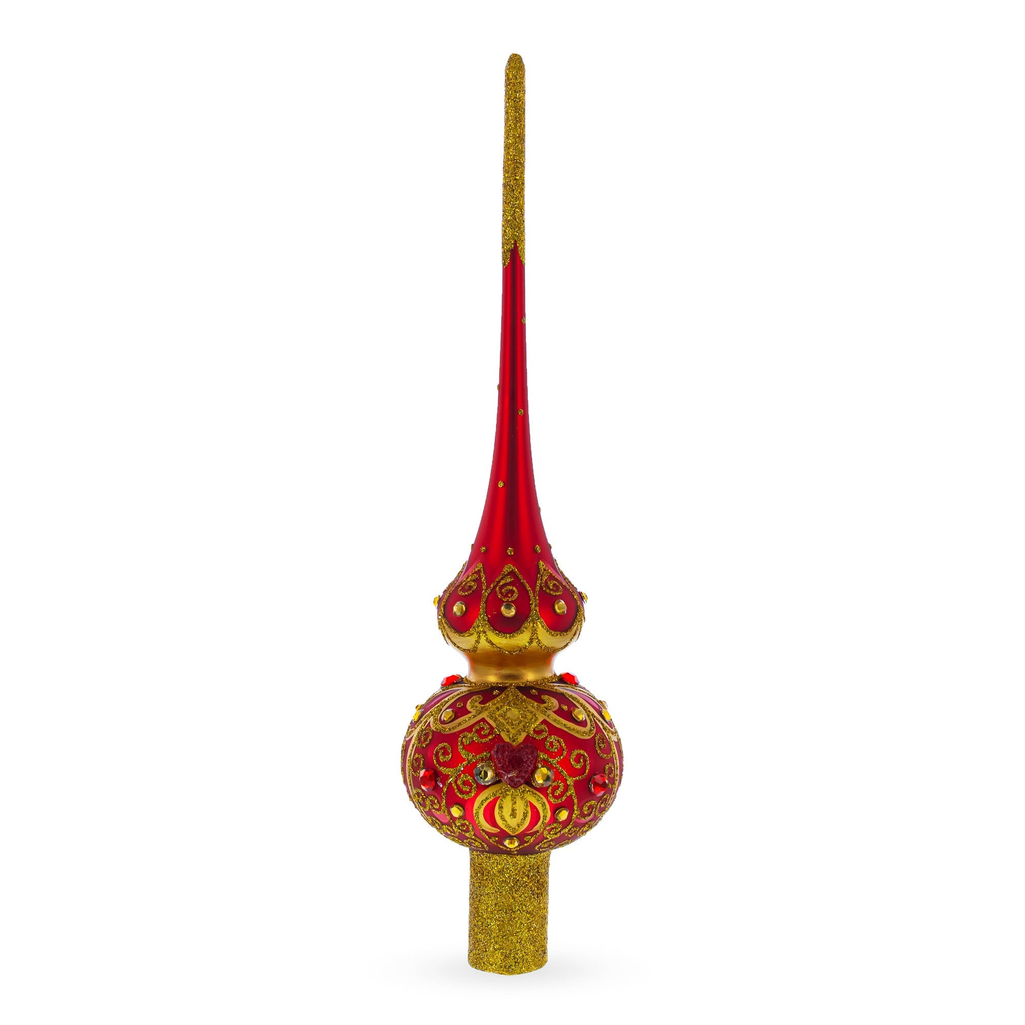 Golden Scrolls on Red Glass Christmas Tree Topper 11 Inches