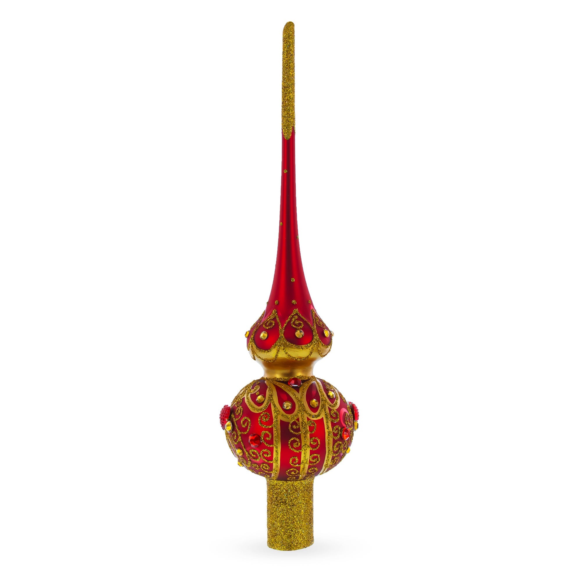 Golden Scrolls on Red Glass Christmas Tree Topper 11 Inches