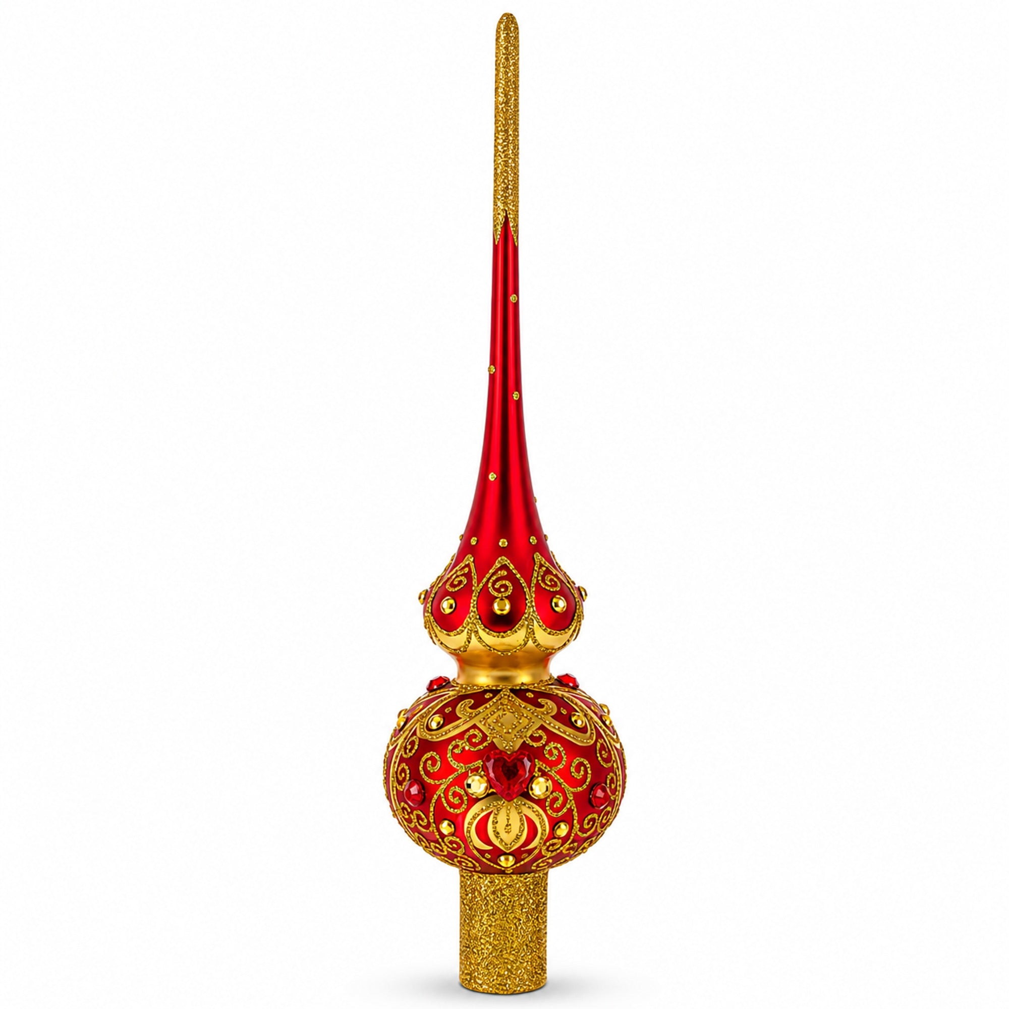 Golden Scrolls on Red Glass Christmas Tree Topper 11 Inches