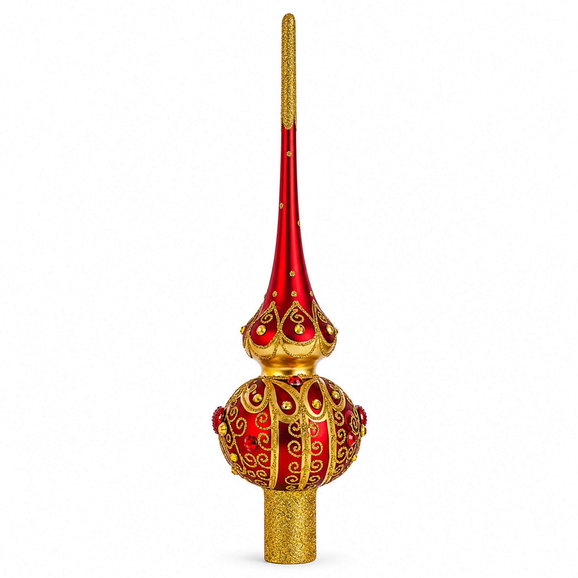Golden Scrolls on Red Glass Christmas Tree Topper 11 Inches