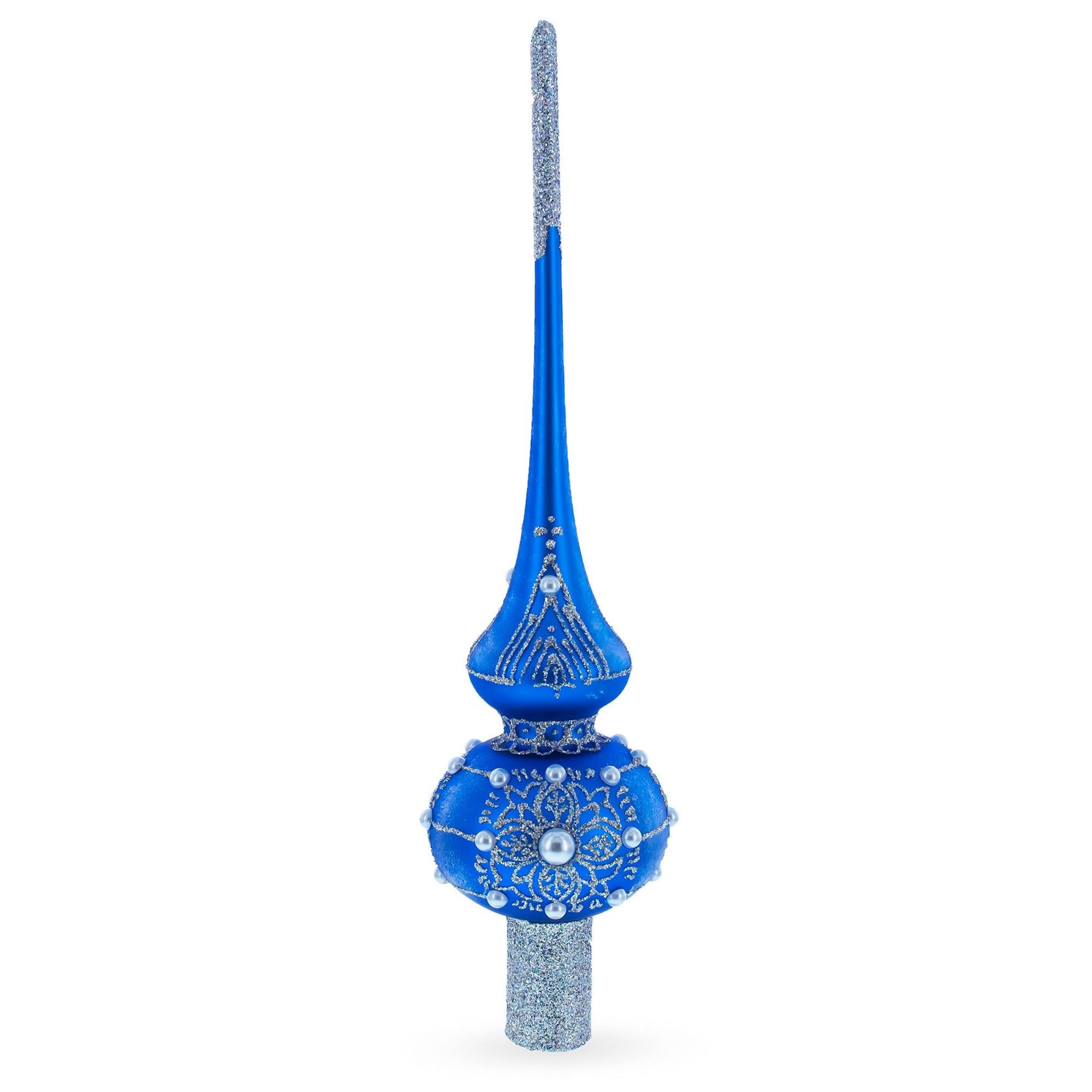 Silver Web on Blue Glass Christmas Tree Topper 11 Inches