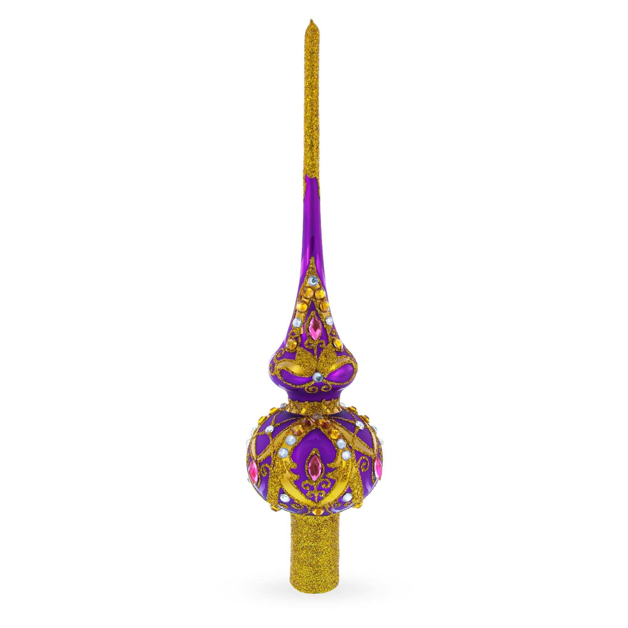 Gold and White Jewels on Purple Glass Christmas Tree Topper 11 Inches