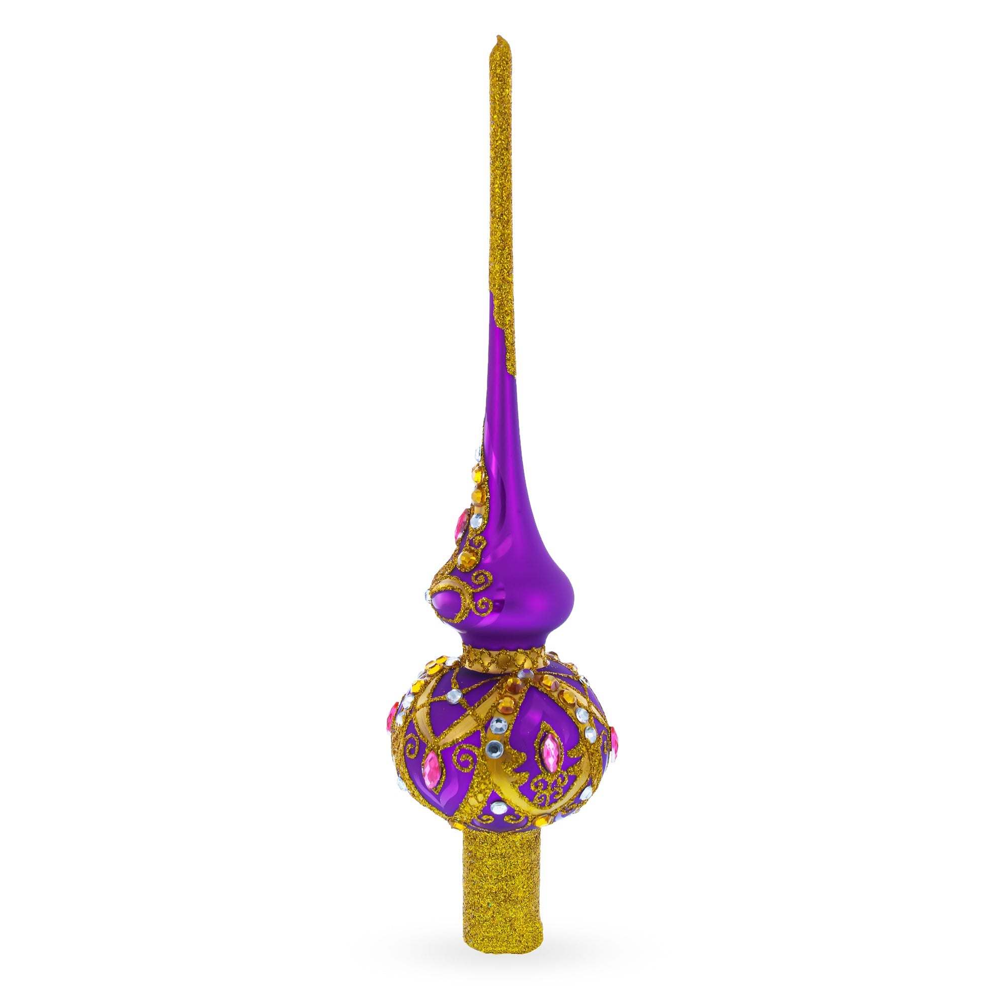 Gold and White Jewels on Purple Glass Christmas Tree Topper 11 Inches