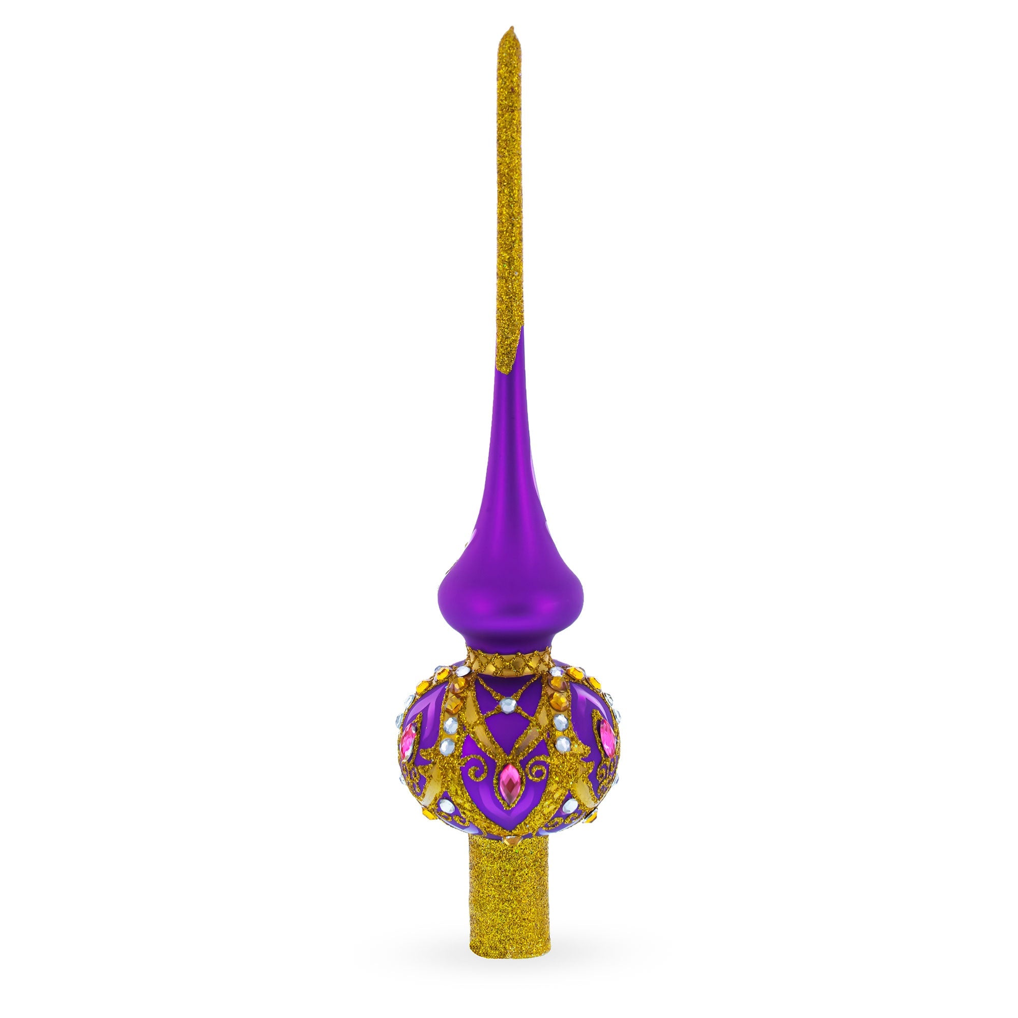 Gold and White Jewels on Purple Glass Christmas Tree Topper 11 Inches