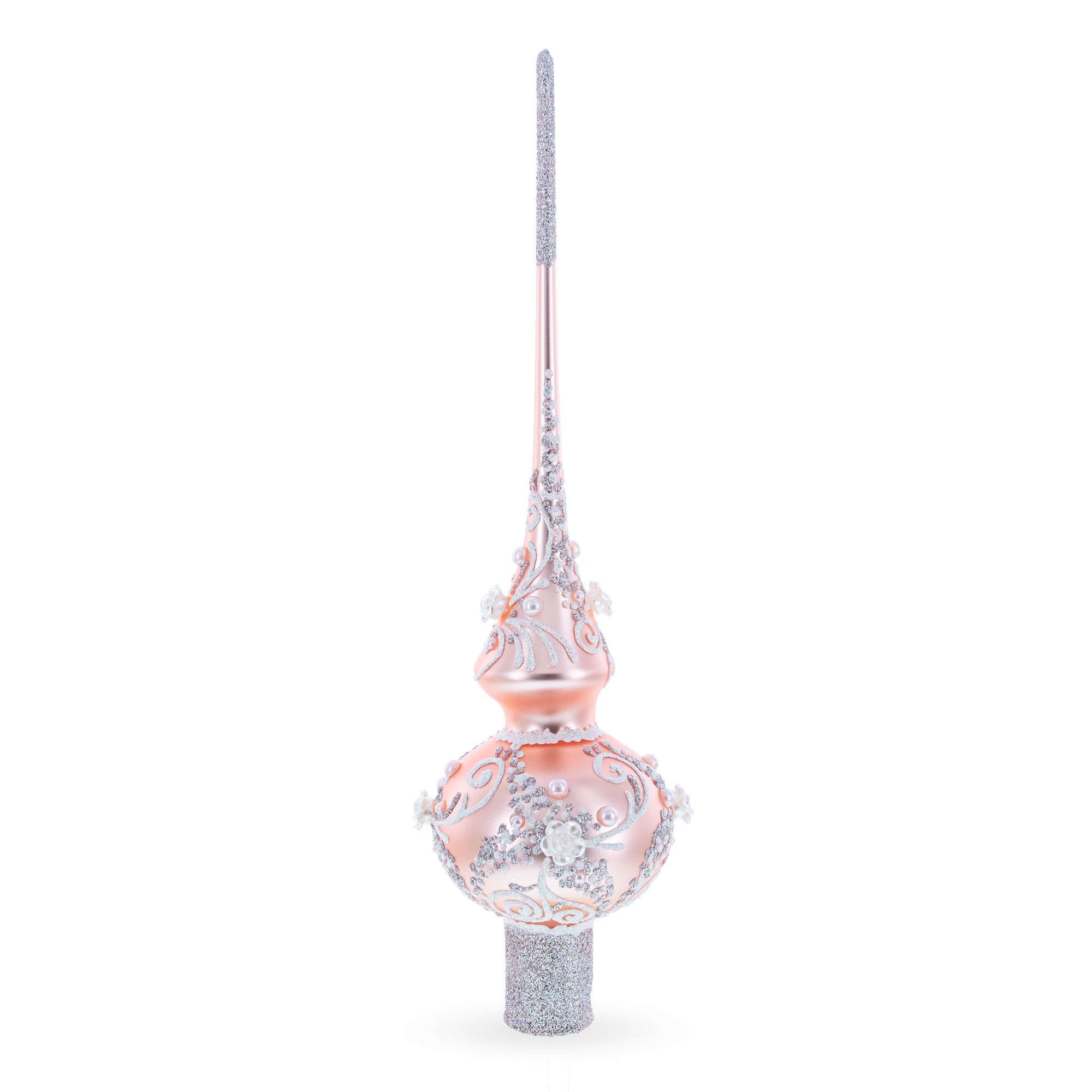 Silver Swirls on Metallic Rose Pink Glass Christmas Tree Topper 11 Inches