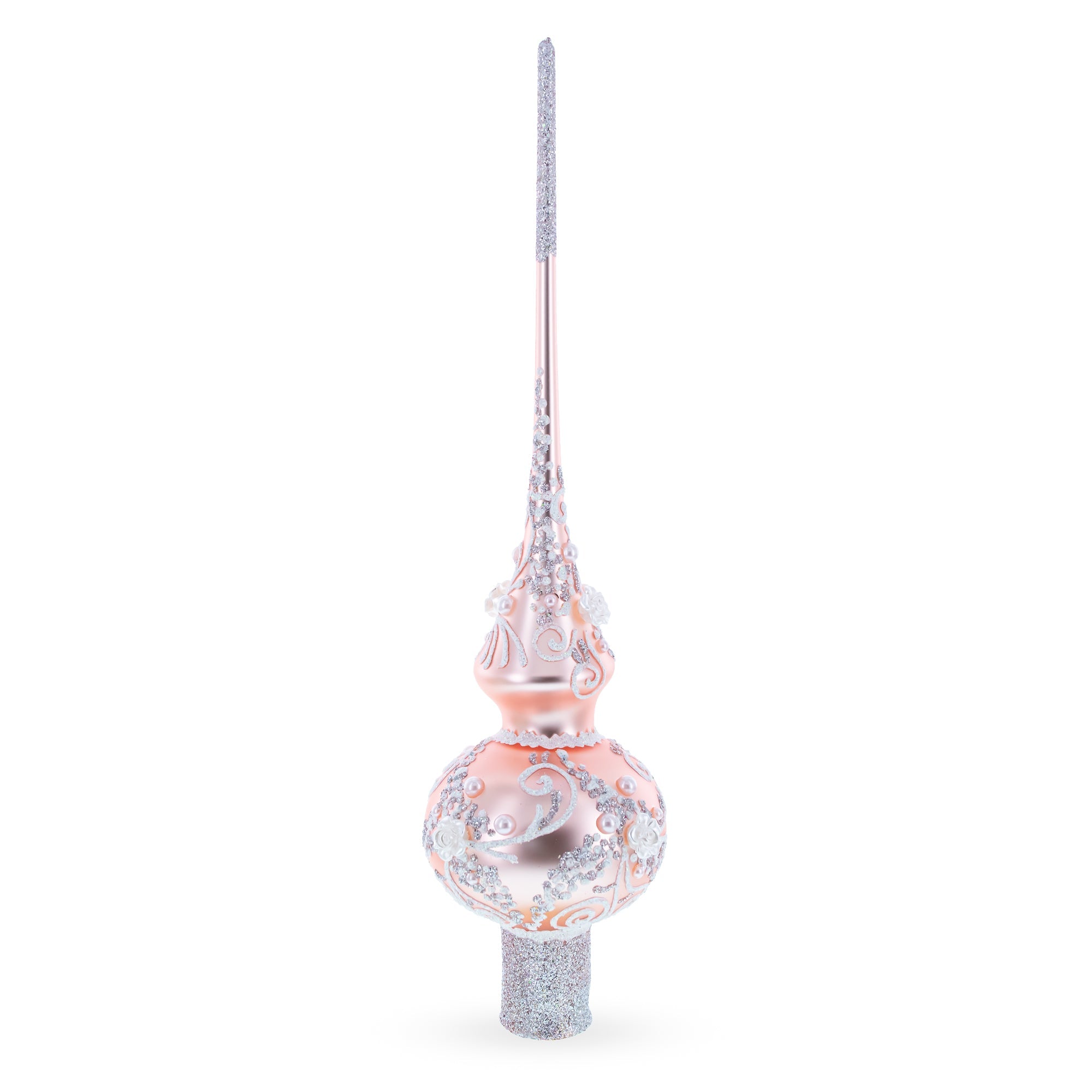 Silver Swirls on Metallic Rose Pink Glass Christmas Tree Topper 11 Inches