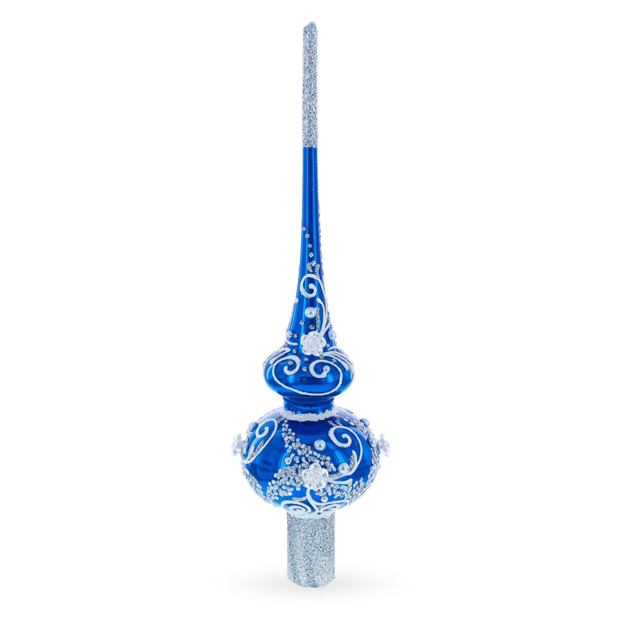 Silver Swirls on Blue Glass Christmas Tree Topper 11 Inches
