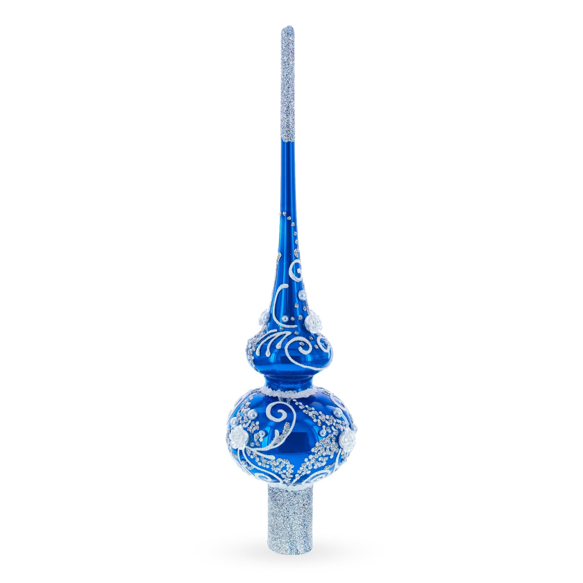 Silver Swirls on Blue Glass Christmas Tree Topper 11 Inches